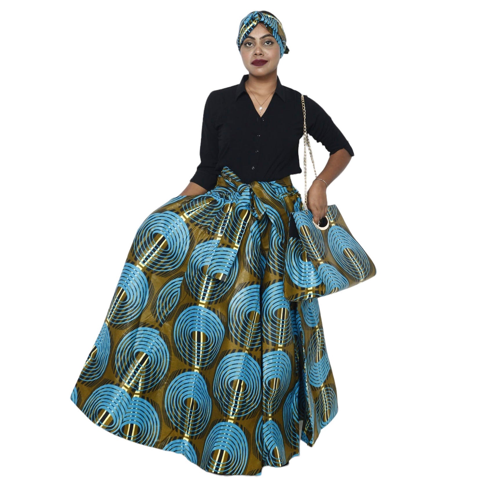 Women's Printed Tie Waist Maxi Skirt with Handbag - FI-32P