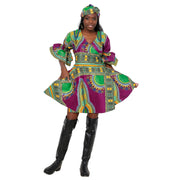 Women's Dashiki Wrap Short Dress with Frill Sleeves -- FI-D74