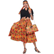 Women's African Print Midi Skirt with Tie Waist and Matching Headwrap -- FI-36P With Handbag