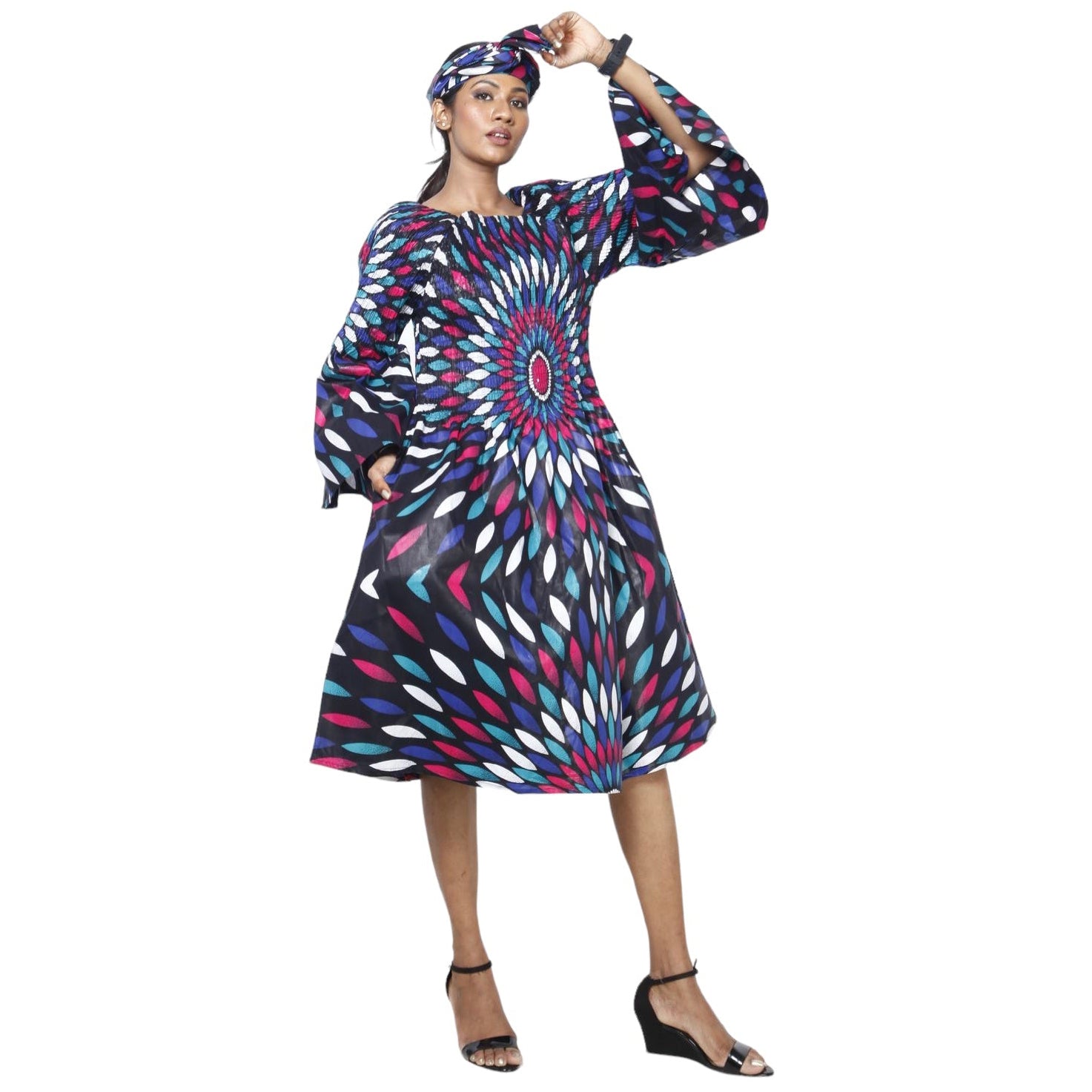 Women's Long Sleeve Smocking Short Dress with Bell Sleeves -- FI-50073