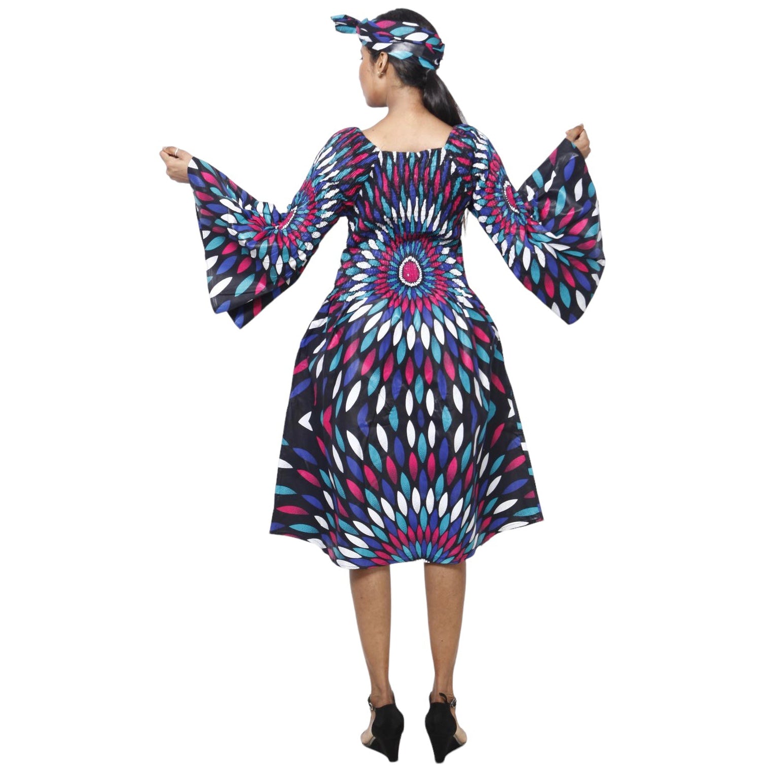 Women's Long Sleeve Smocking Short Dress with Bell Sleeves -- FI-50073
