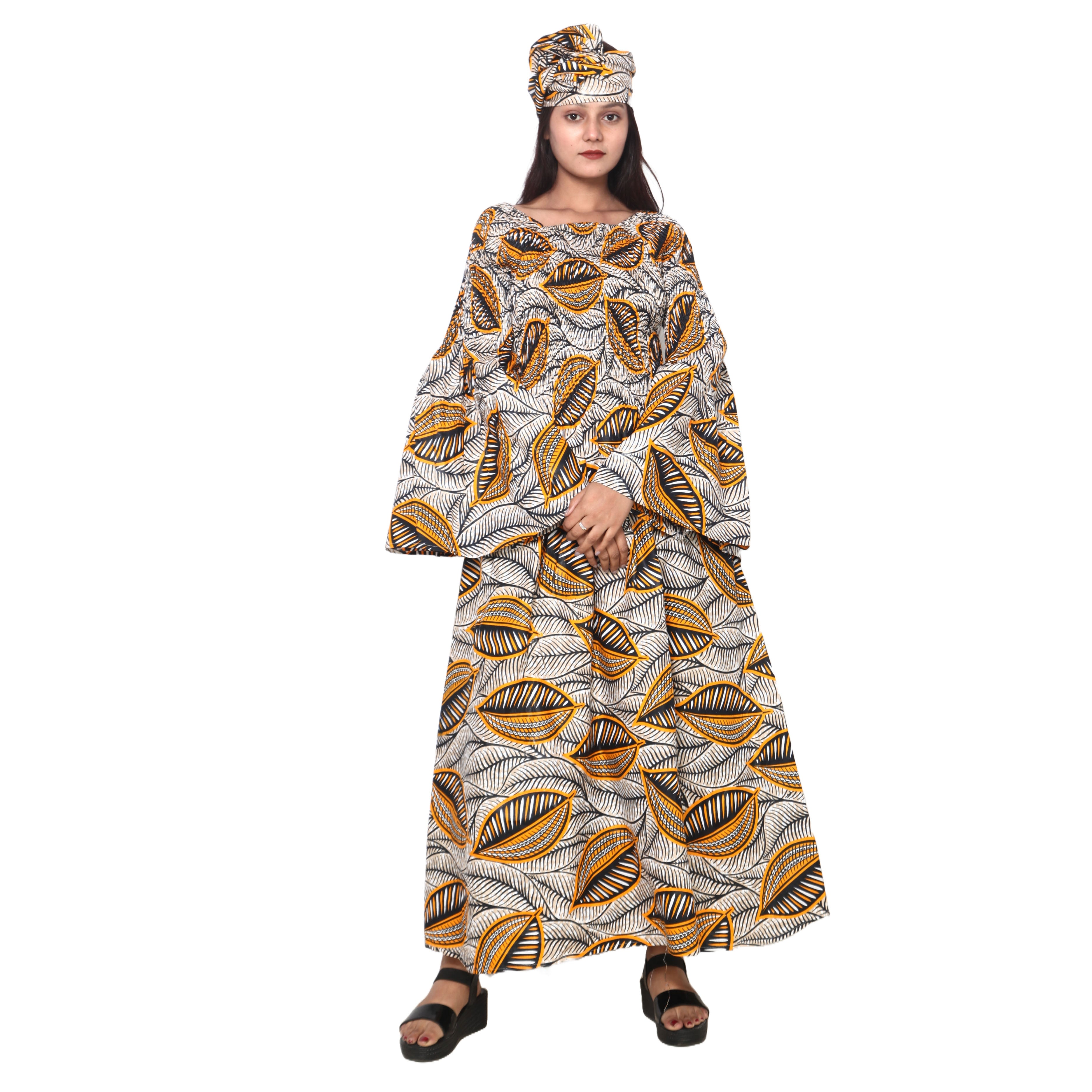 Women's Long Sleeve Smocking Maxi Dress with Bell Sleeves -- FI-50072