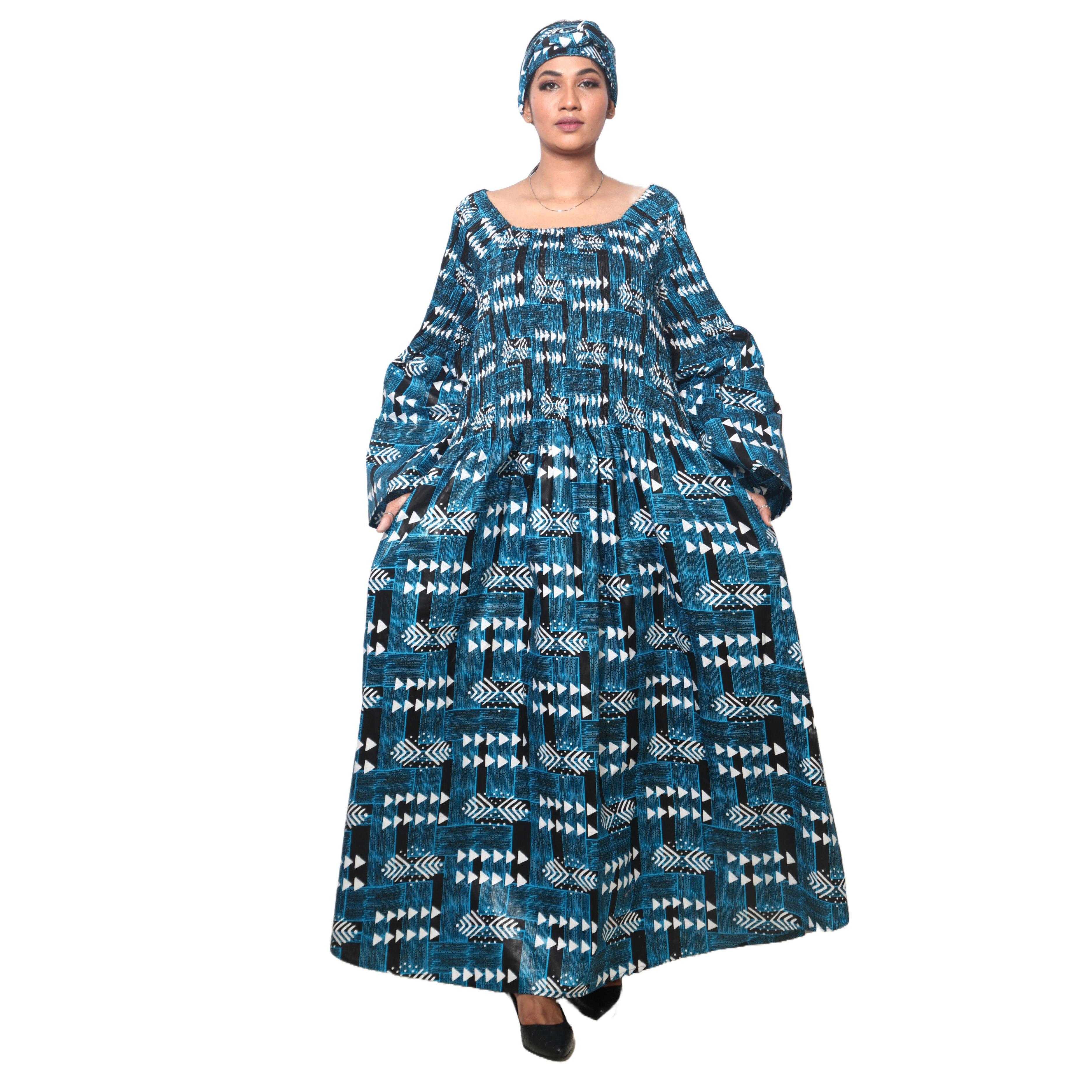 Women's PLUS SIZE Off Shoulder Smocking Bell Sleeve Maxi Dress -- FI-50081