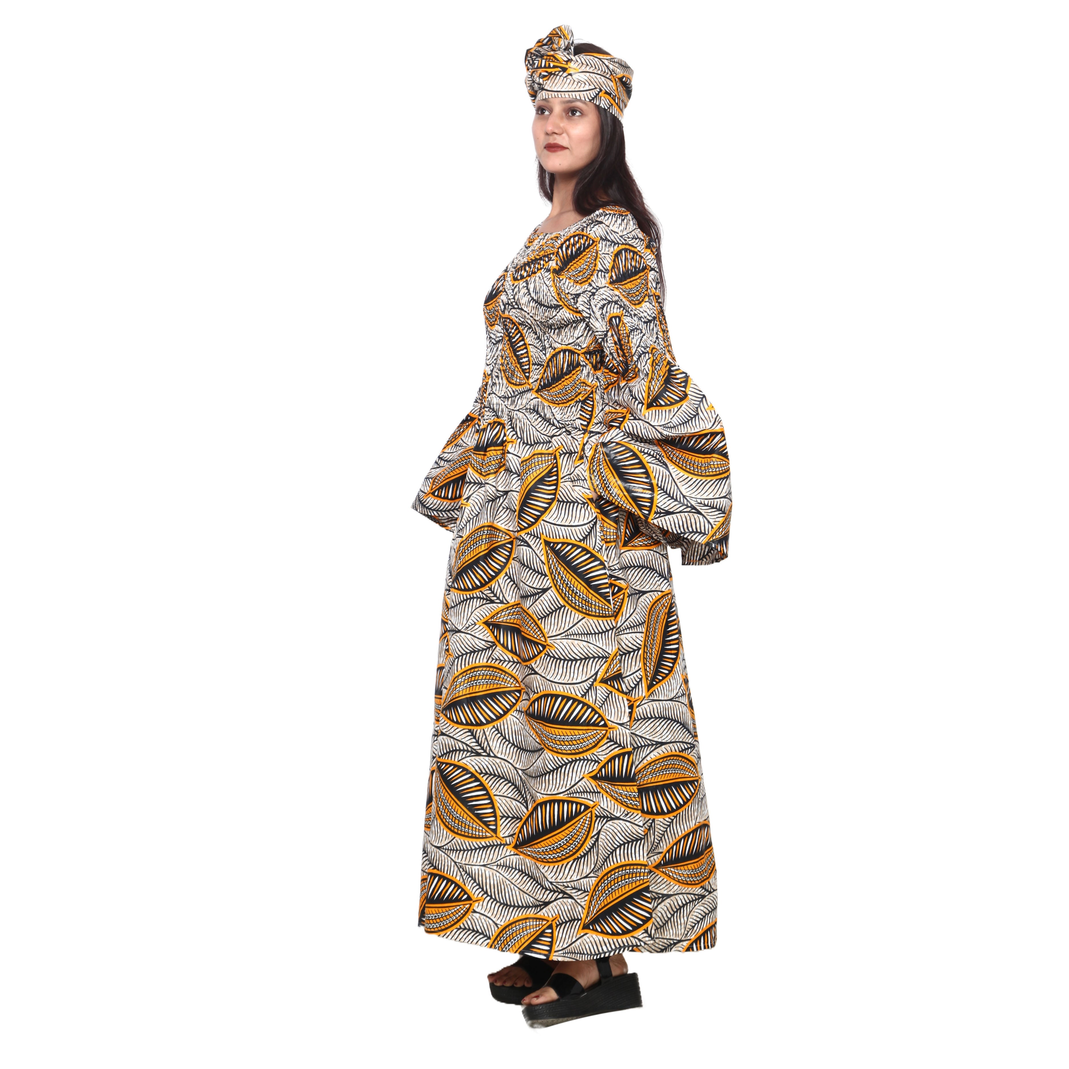 Women's Long Sleeve Smocking Maxi Dress with Bell Sleeves -- FI-50072