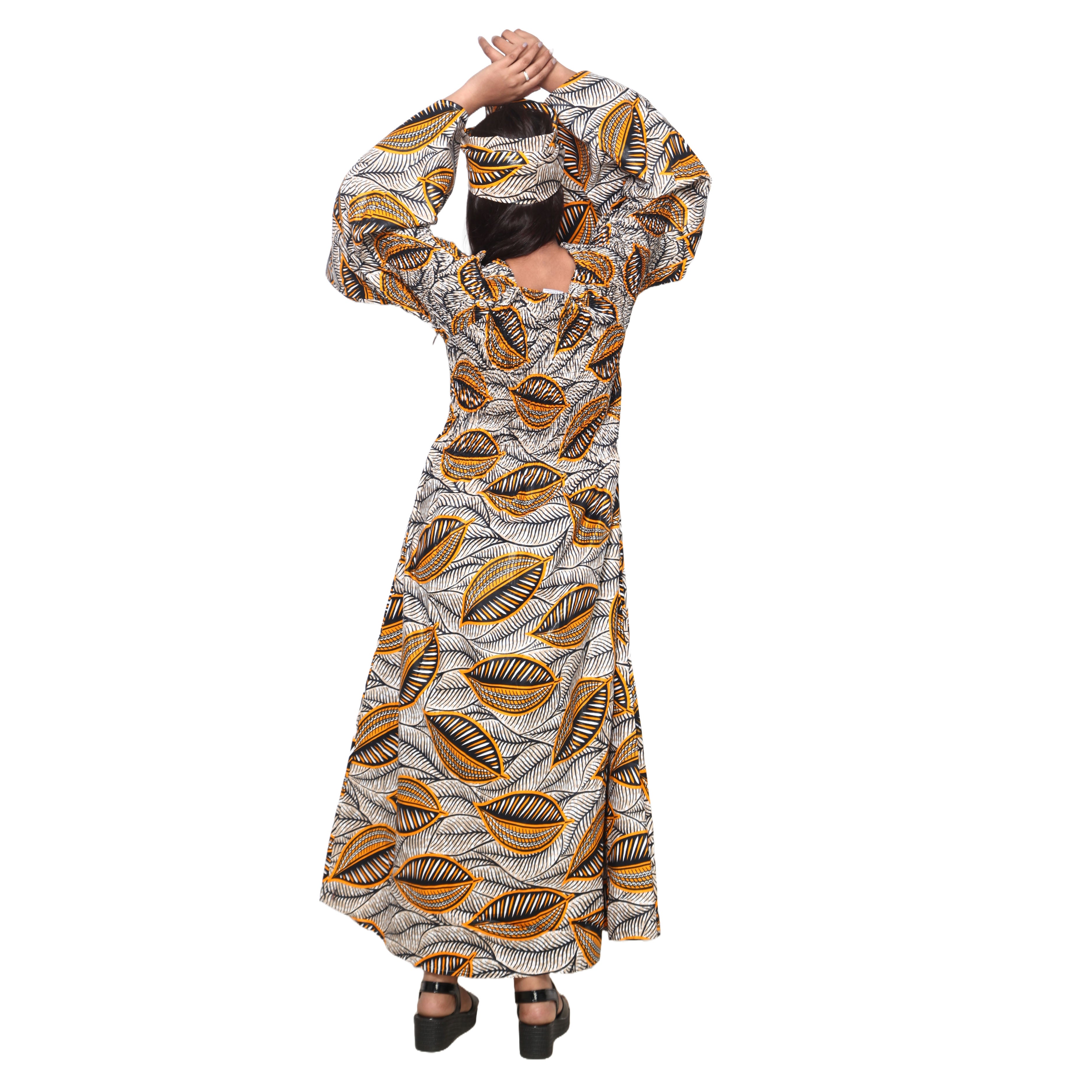 Women's Long Sleeve Smocking Maxi Dress with Bell Sleeves -- FI-50072