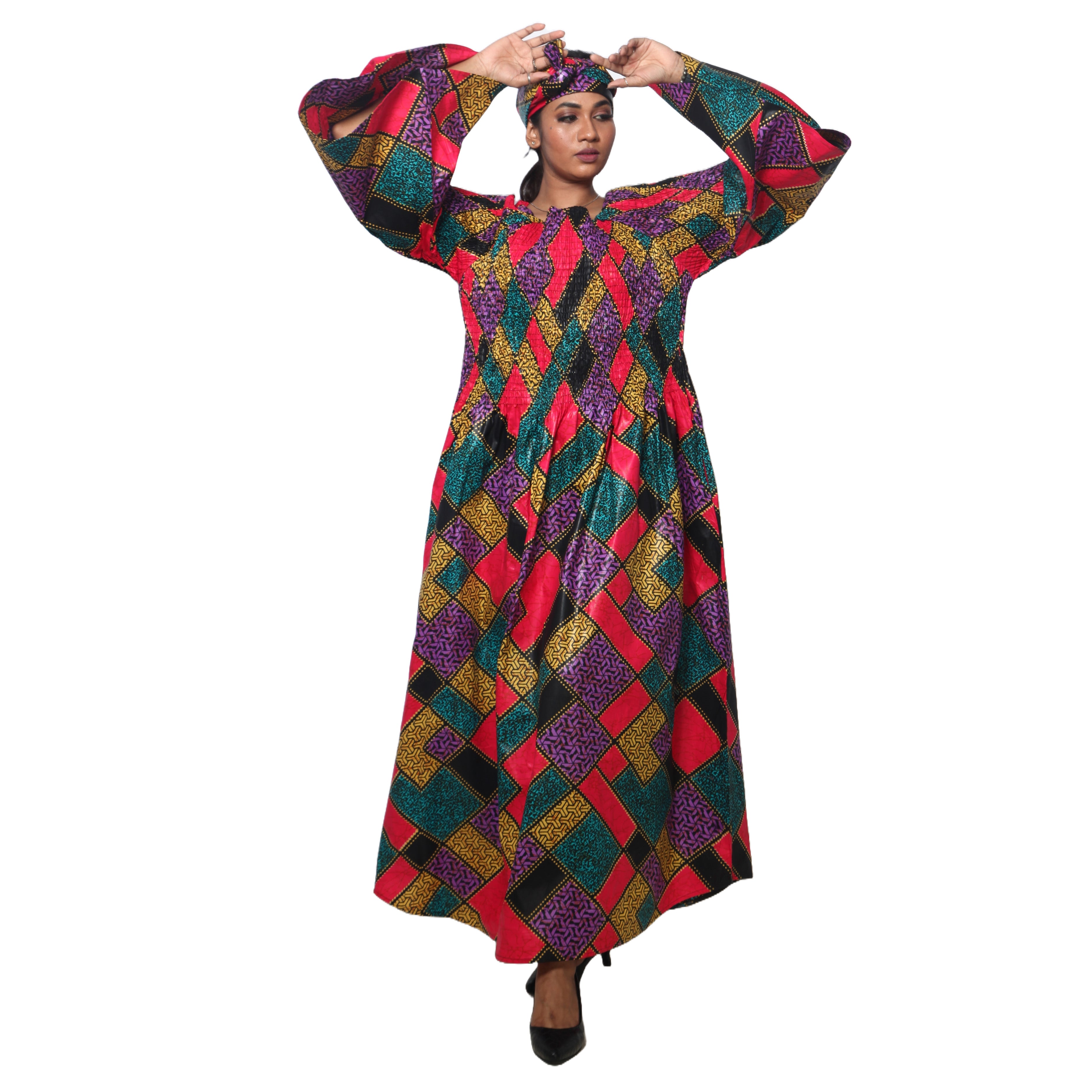 Women's PLUS SIZE Off Shoulder Smocking Bell Sleeve Maxi Dress -- FI-50081