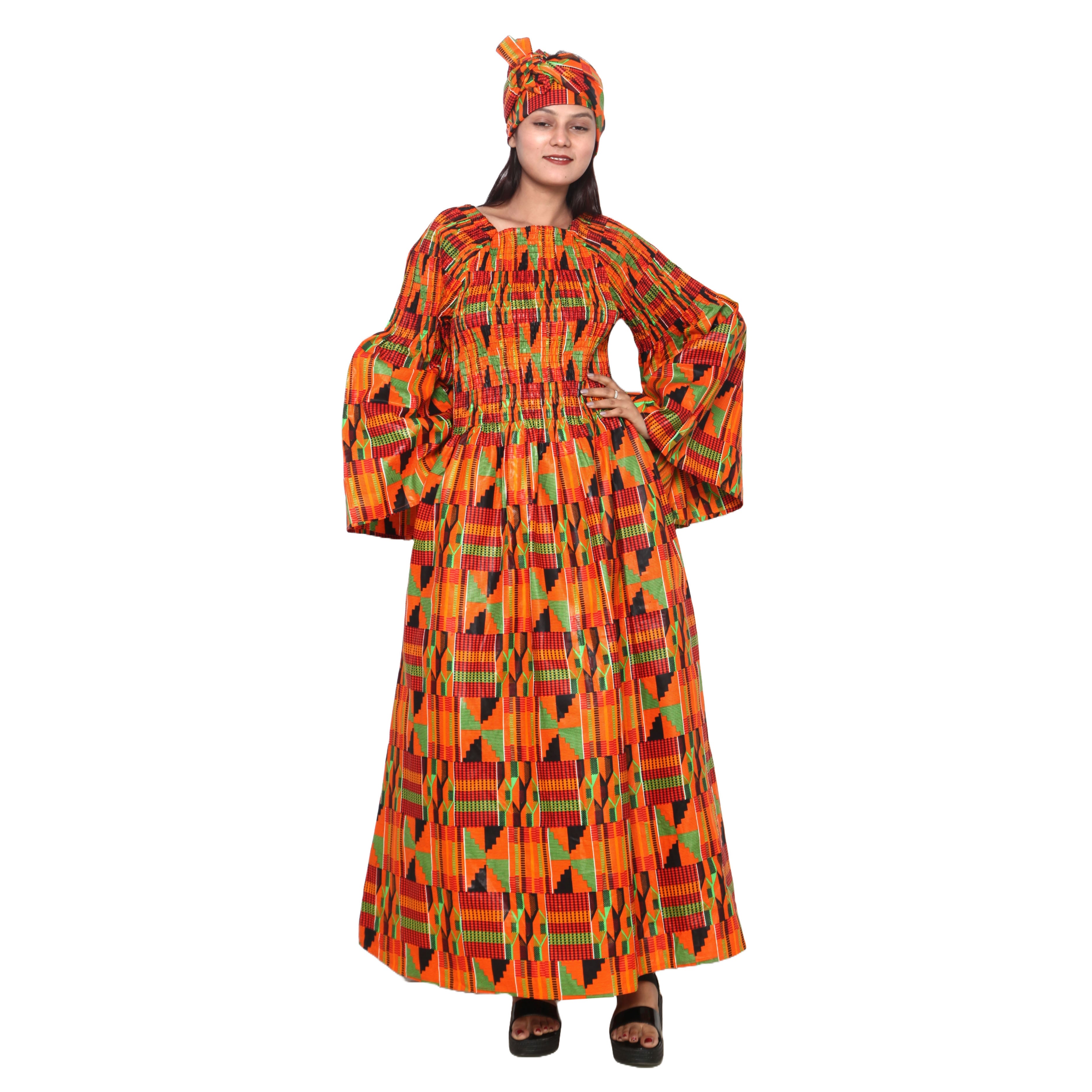 Women's Long Sleeve Smocking Maxi Dress with Bell Sleeves -- FI-50072