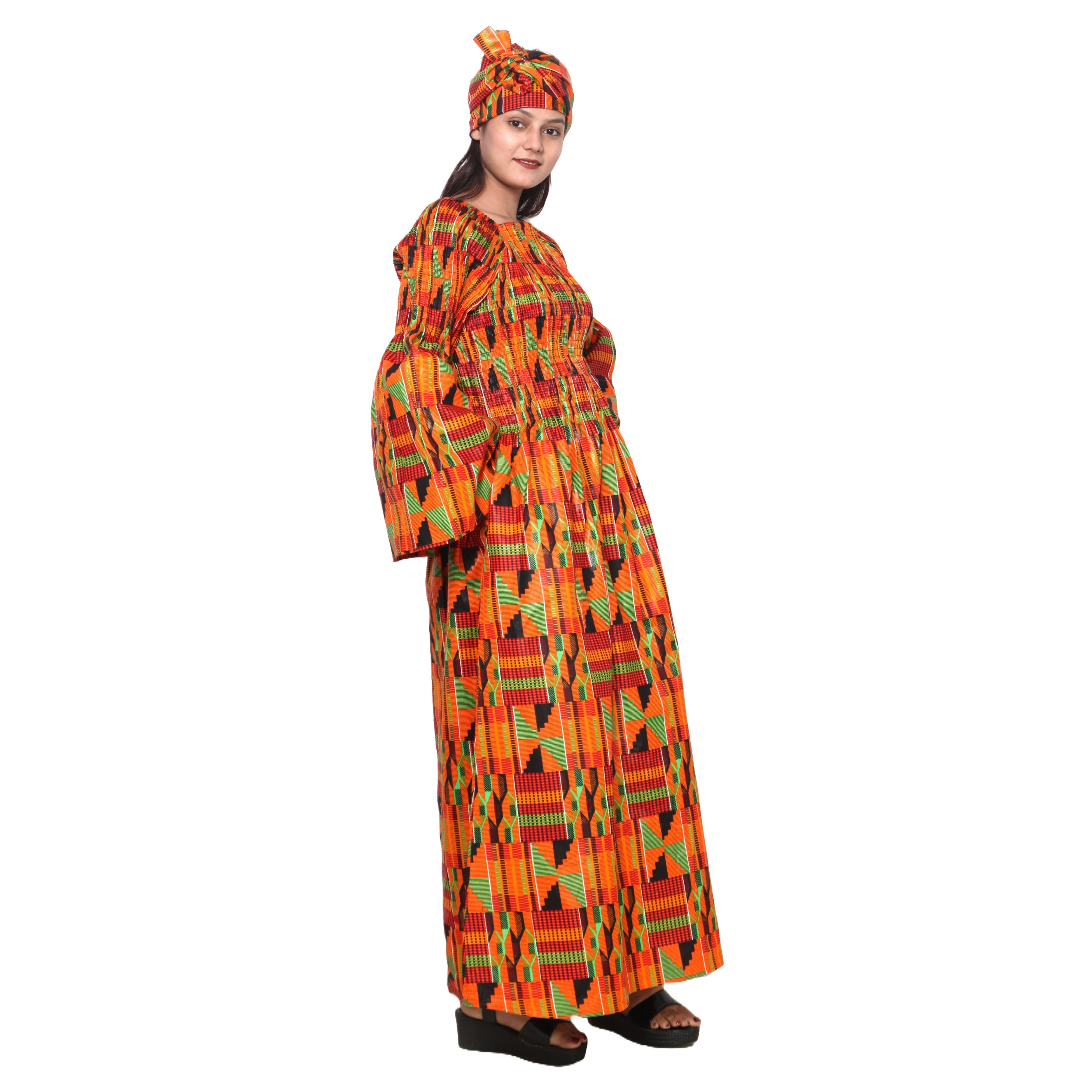 Women's Long Sleeve Smocking Maxi Dress with Bell Sleeves -- FI-50072