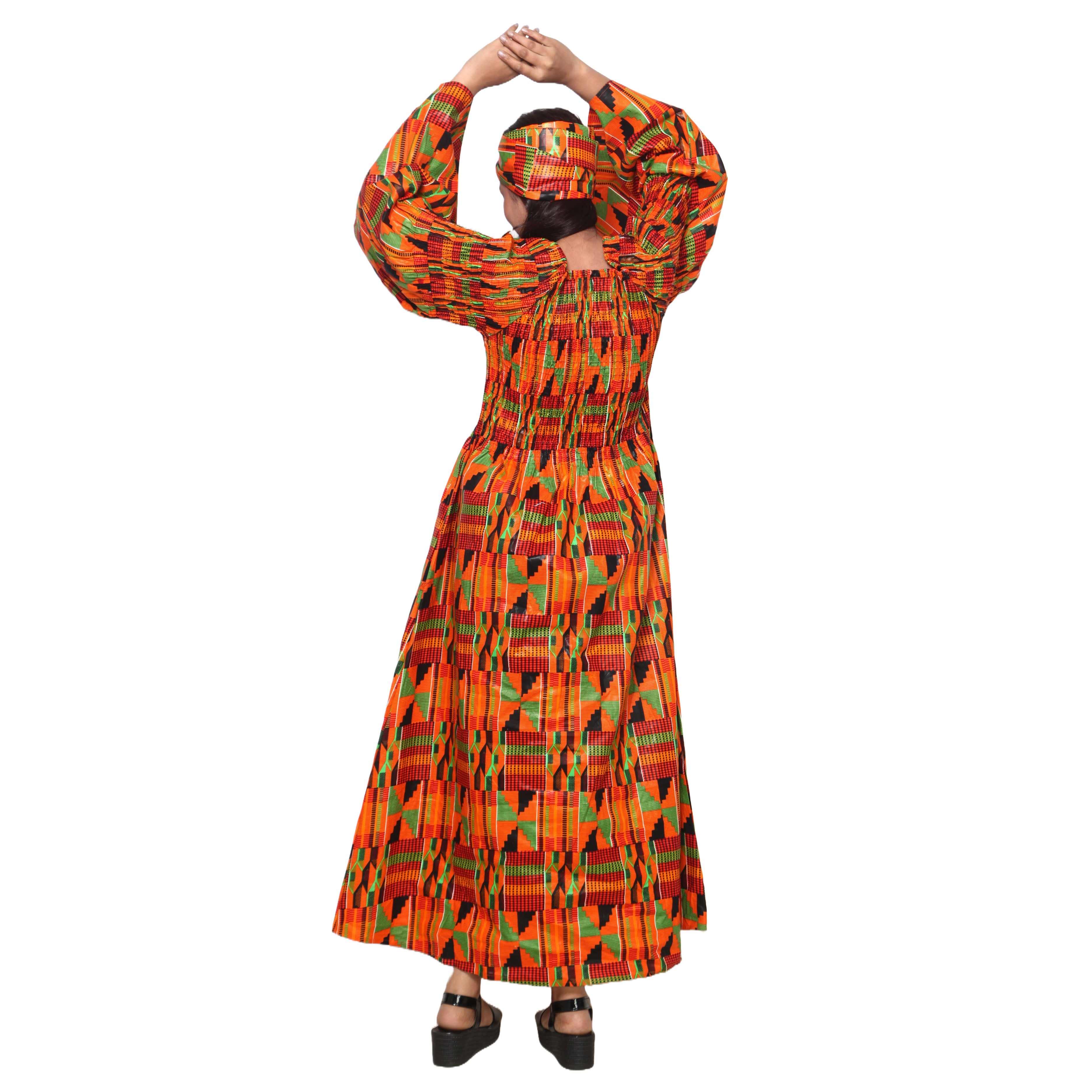 Women's Long Sleeve Smocking Maxi Dress with Bell Sleeves -- FI-50072