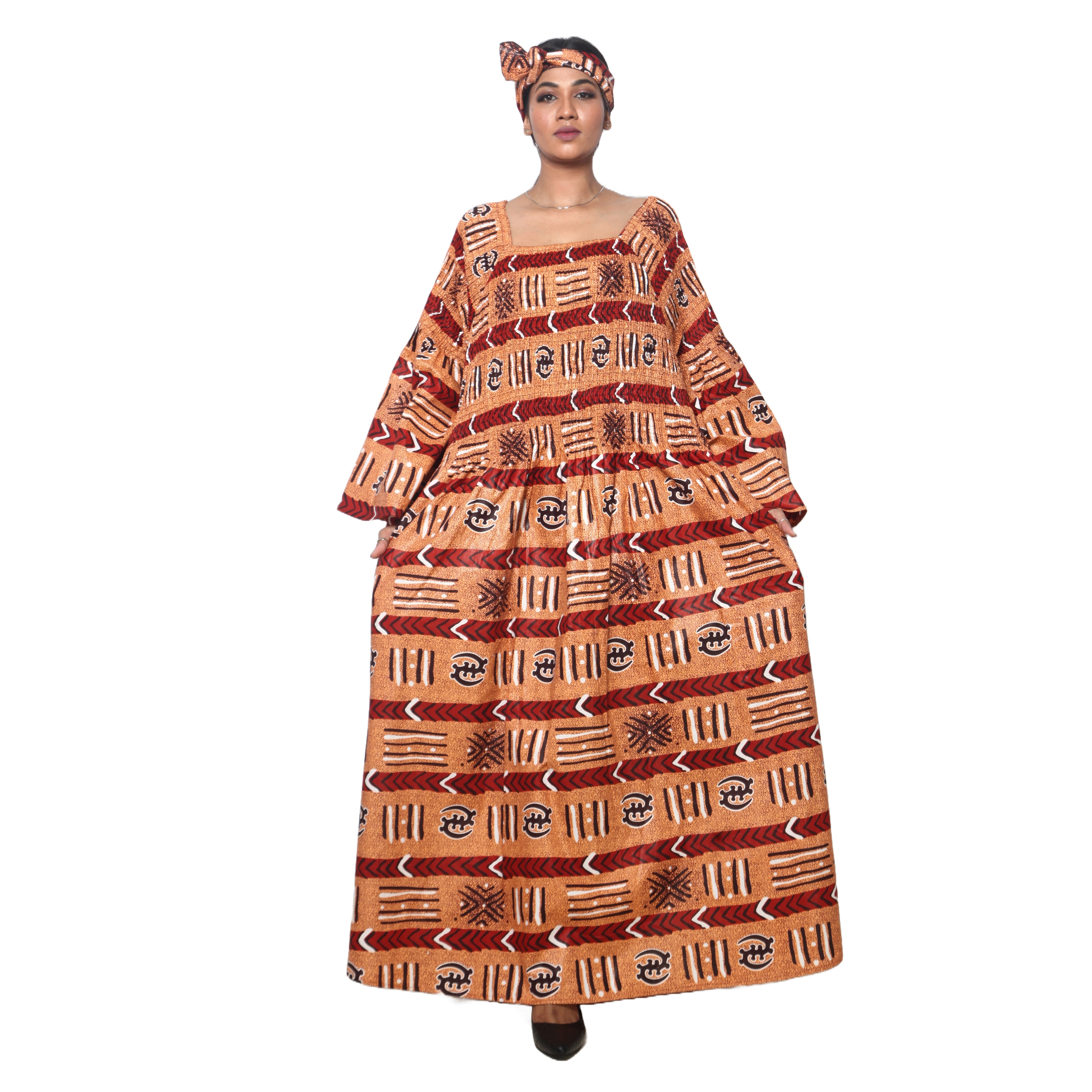 Women's PLUS SIZE Off Shoulder Smocking Bell Sleeve Maxi Dress -- FI-50081