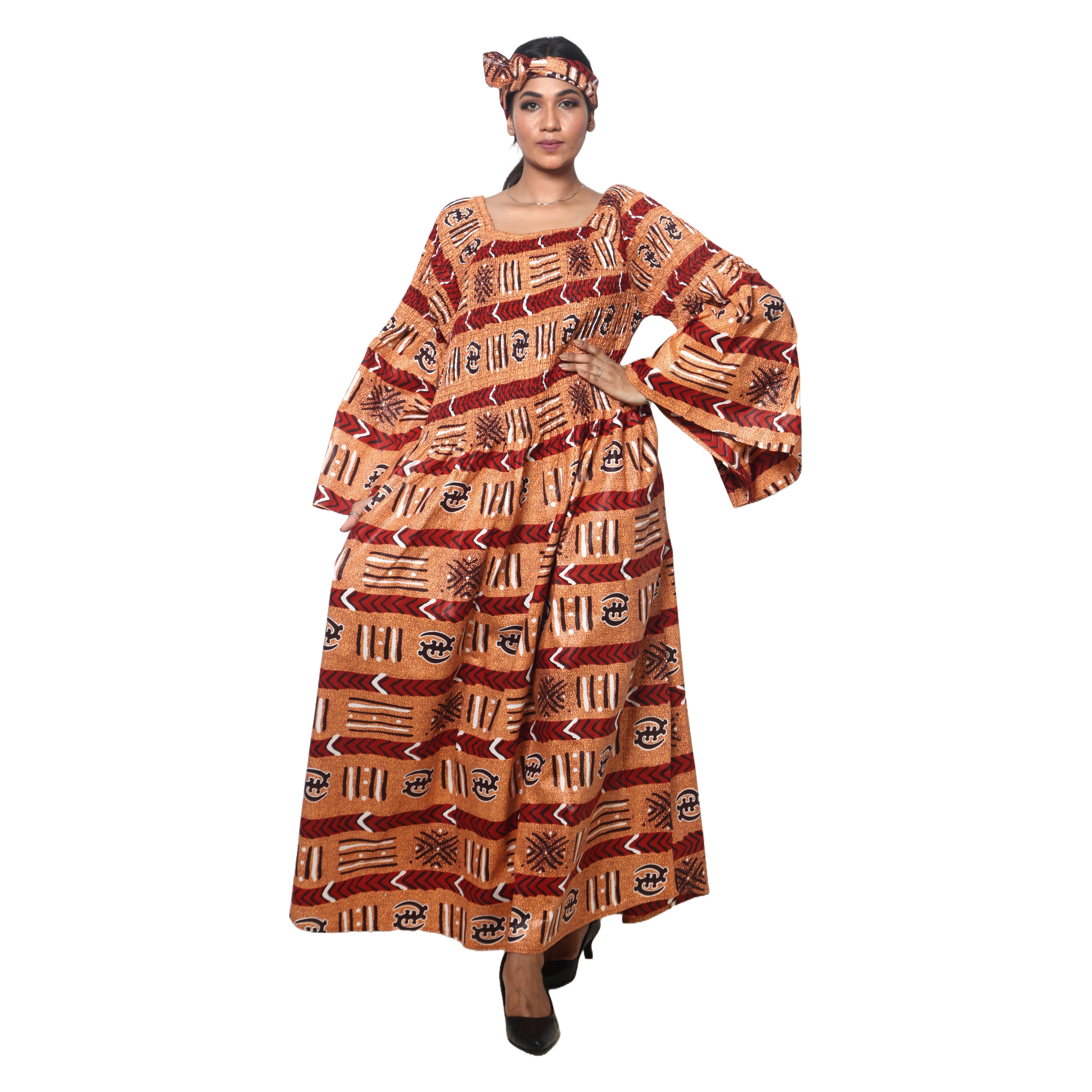 Women's PLUS SIZE Off Shoulder Smocking Bell Sleeve Maxi Dress -- FI-50081
