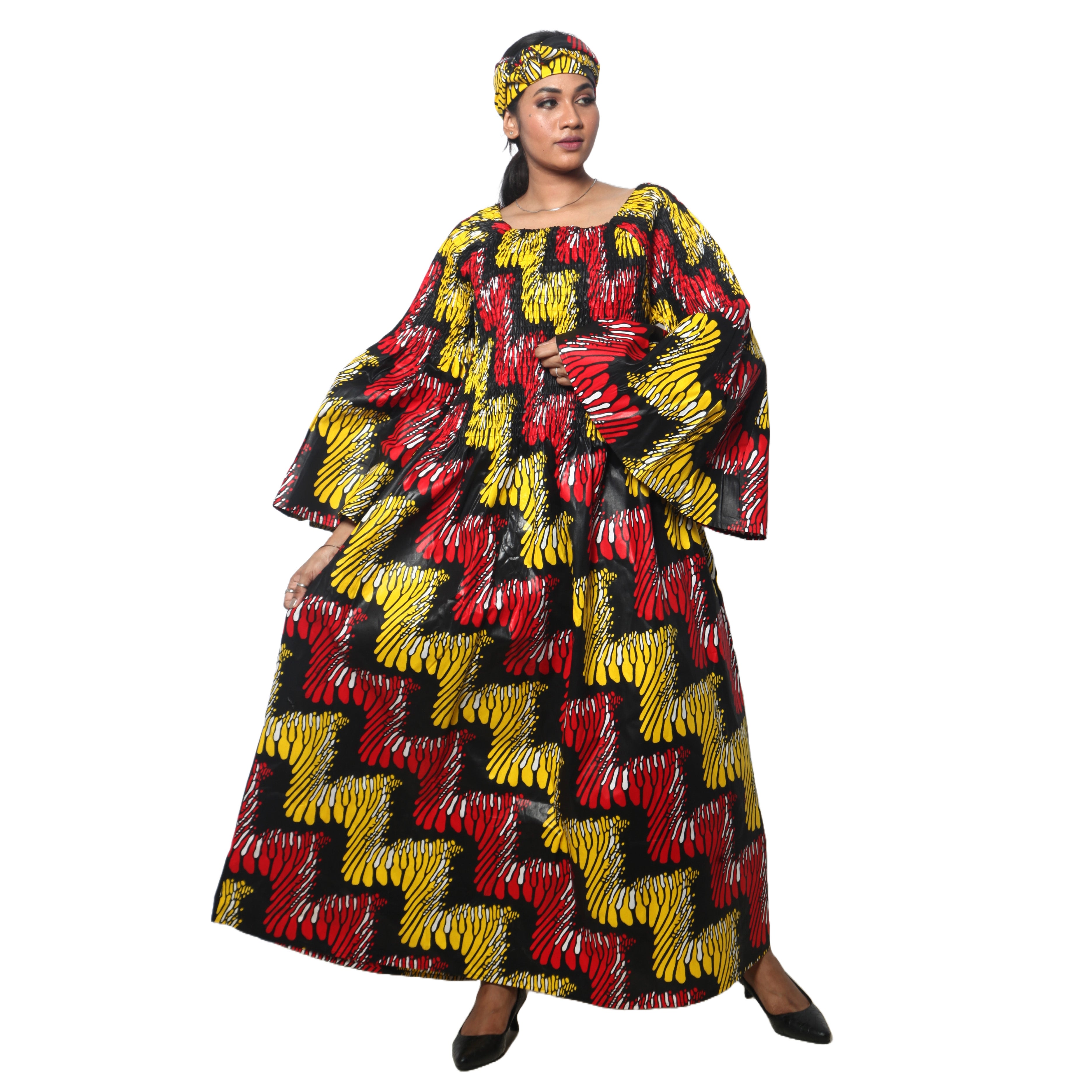 Women's PLUS SIZE Off Shoulder Smocking Bell Sleeve Maxi Dress -- FI-50081