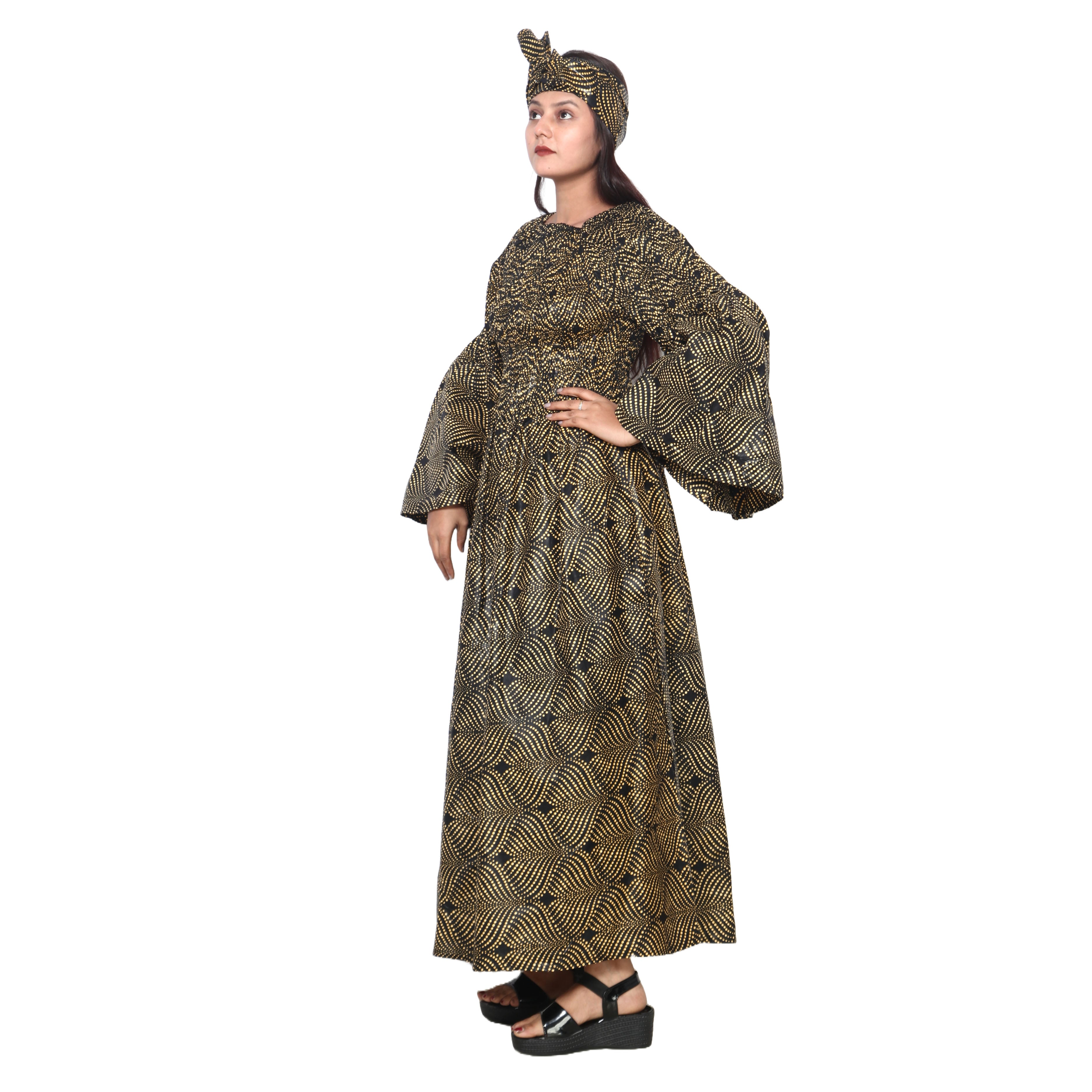 Women's Long Sleeve Smocking Maxi Dress with Bell Sleeves -- FI-50072