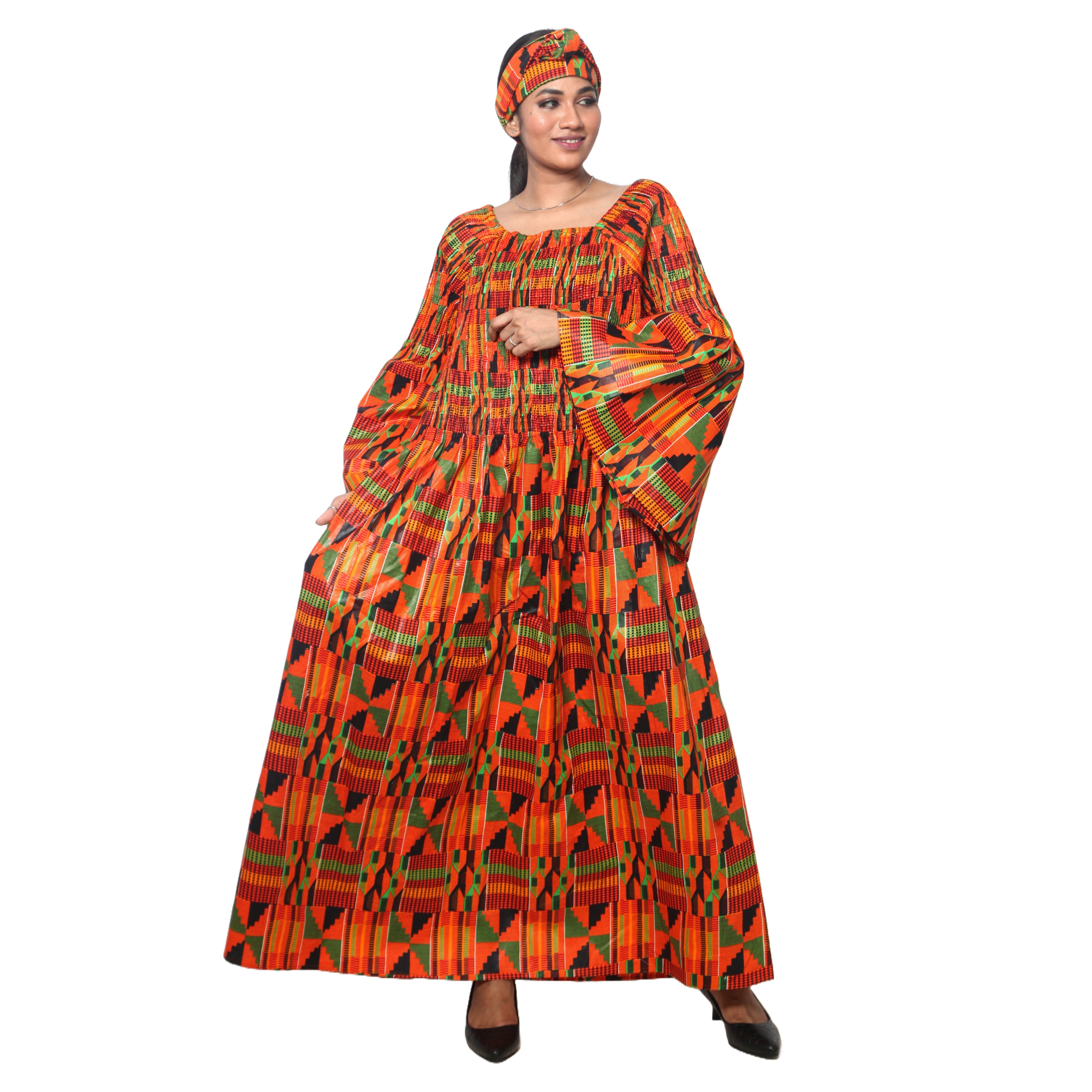 Women's PLUS SIZE Off Shoulder Smocking Bell Sleeve Maxi Dress -- FI-50081
