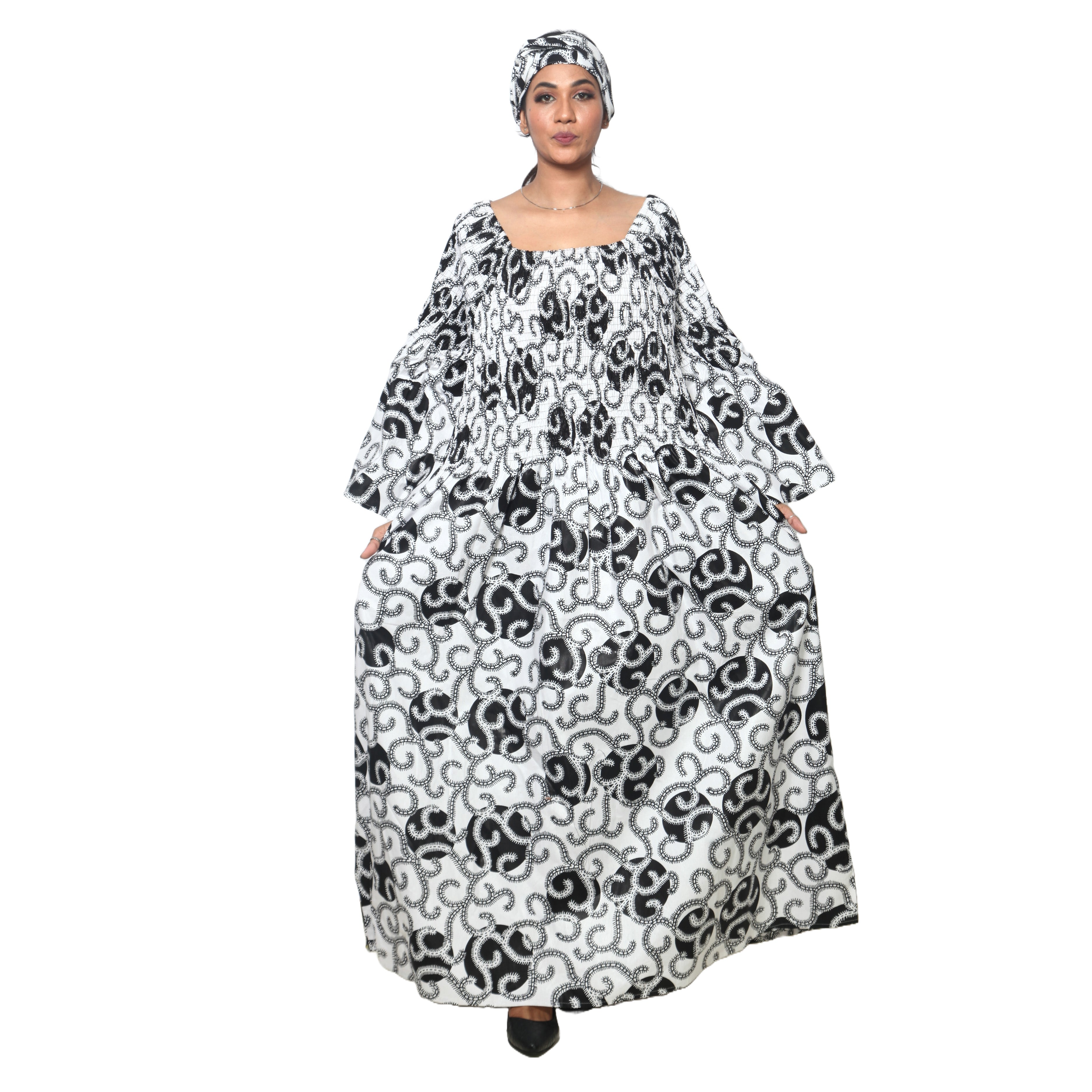 Women's PLUS SIZE Off Shoulder Smocking Bell Sleeve Maxi Dress -- FI-50081