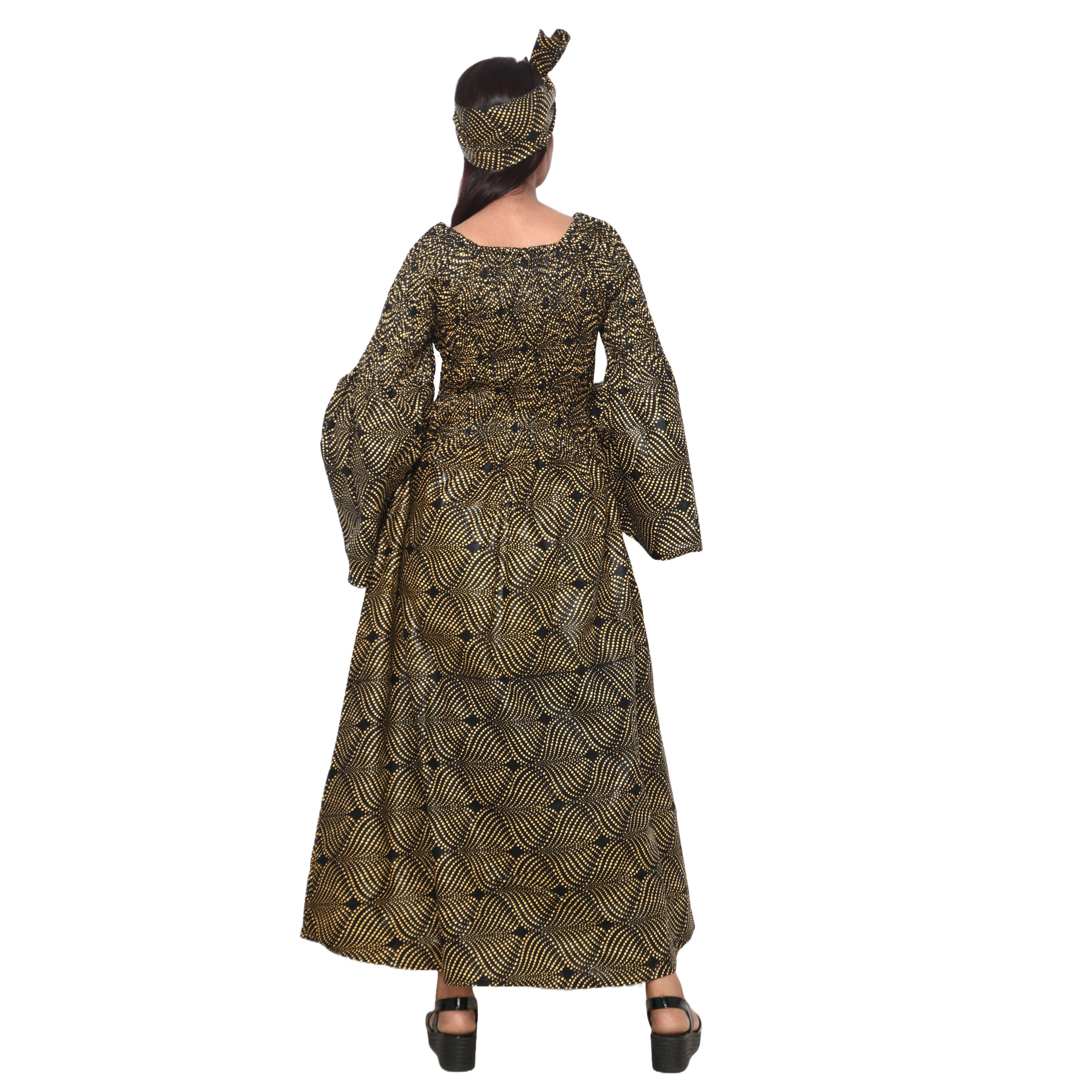 Women's Long Sleeve Smocking Maxi Dress with Bell Sleeves -- FI-50072