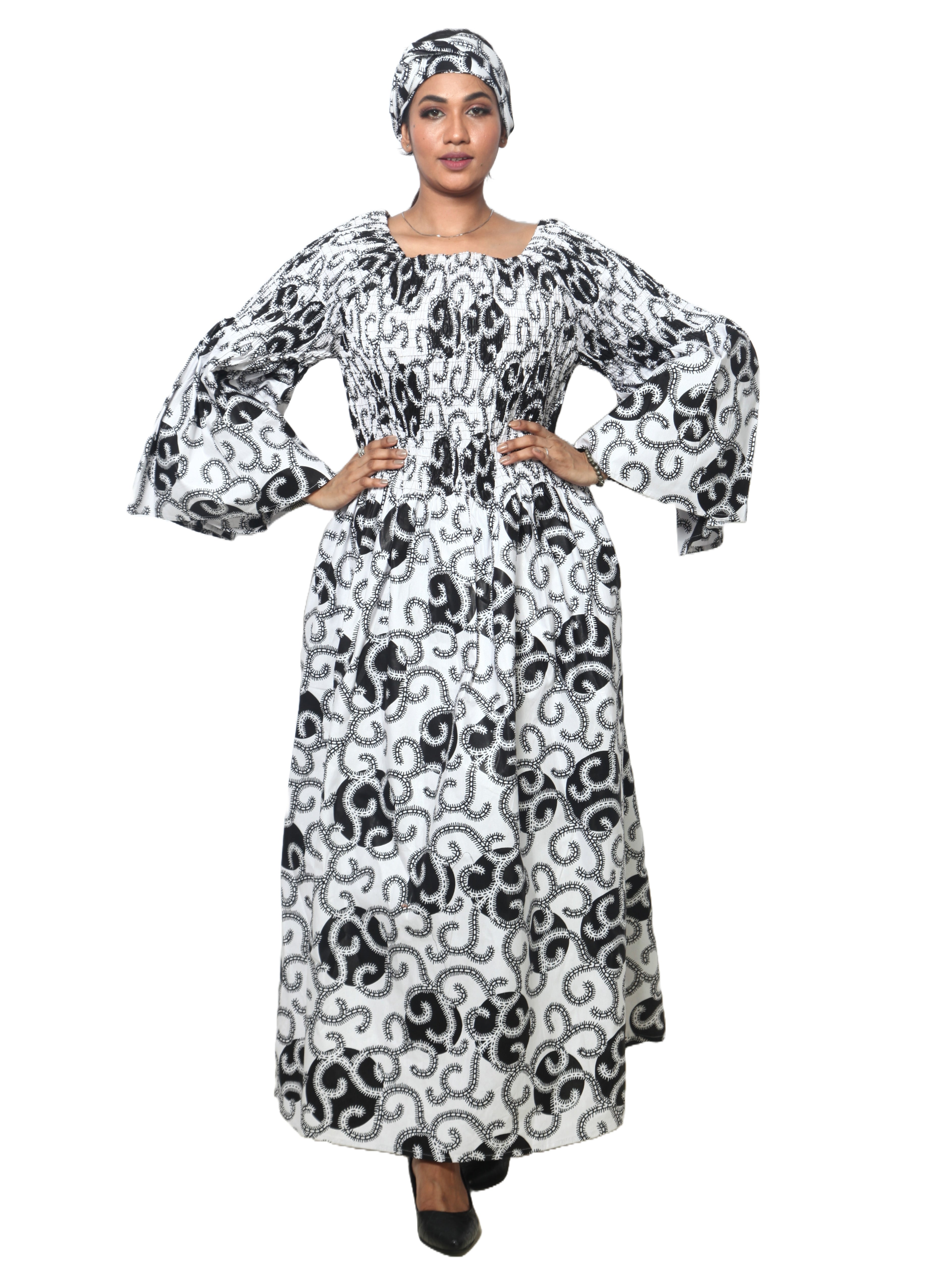 Women's PLUS SIZE Off Shoulder Smocking Bell Sleeve Maxi Dress -- FI-50081