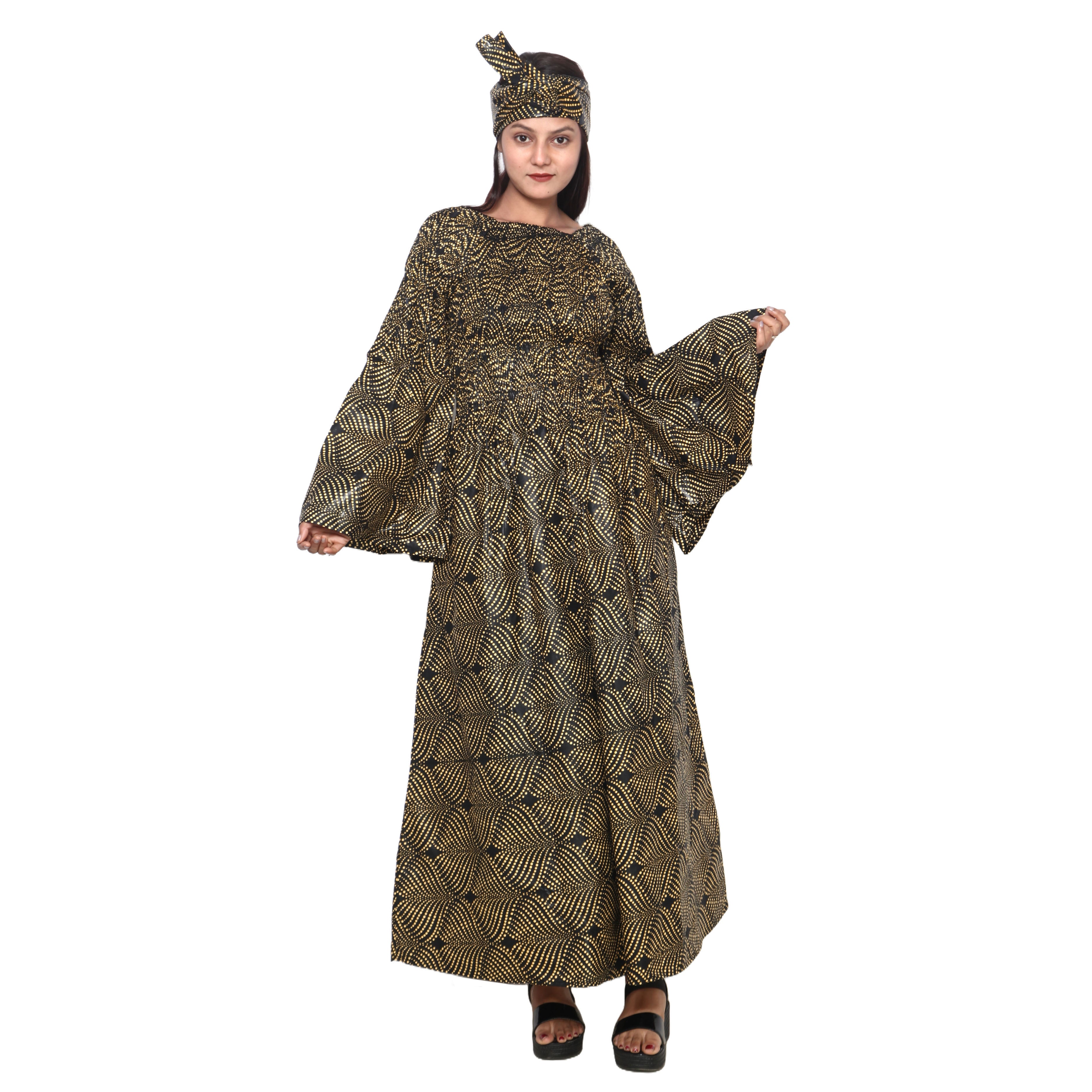 Women's Long Sleeve Smocking Maxi Dress with Bell Sleeves -- FI-50072