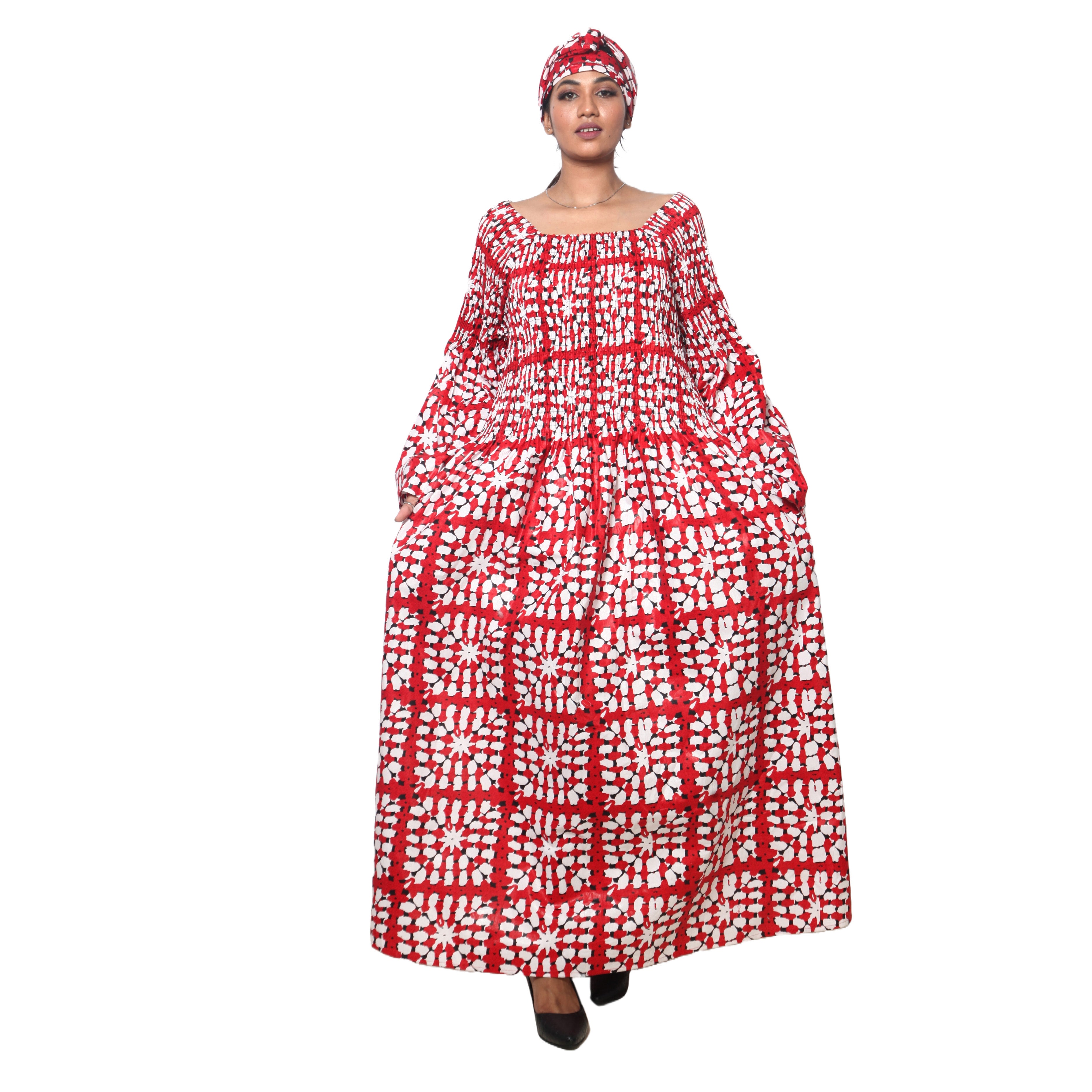 Women's PLUS SIZE Off Shoulder Smocking Bell Sleeve Maxi Dress -- FI-50081