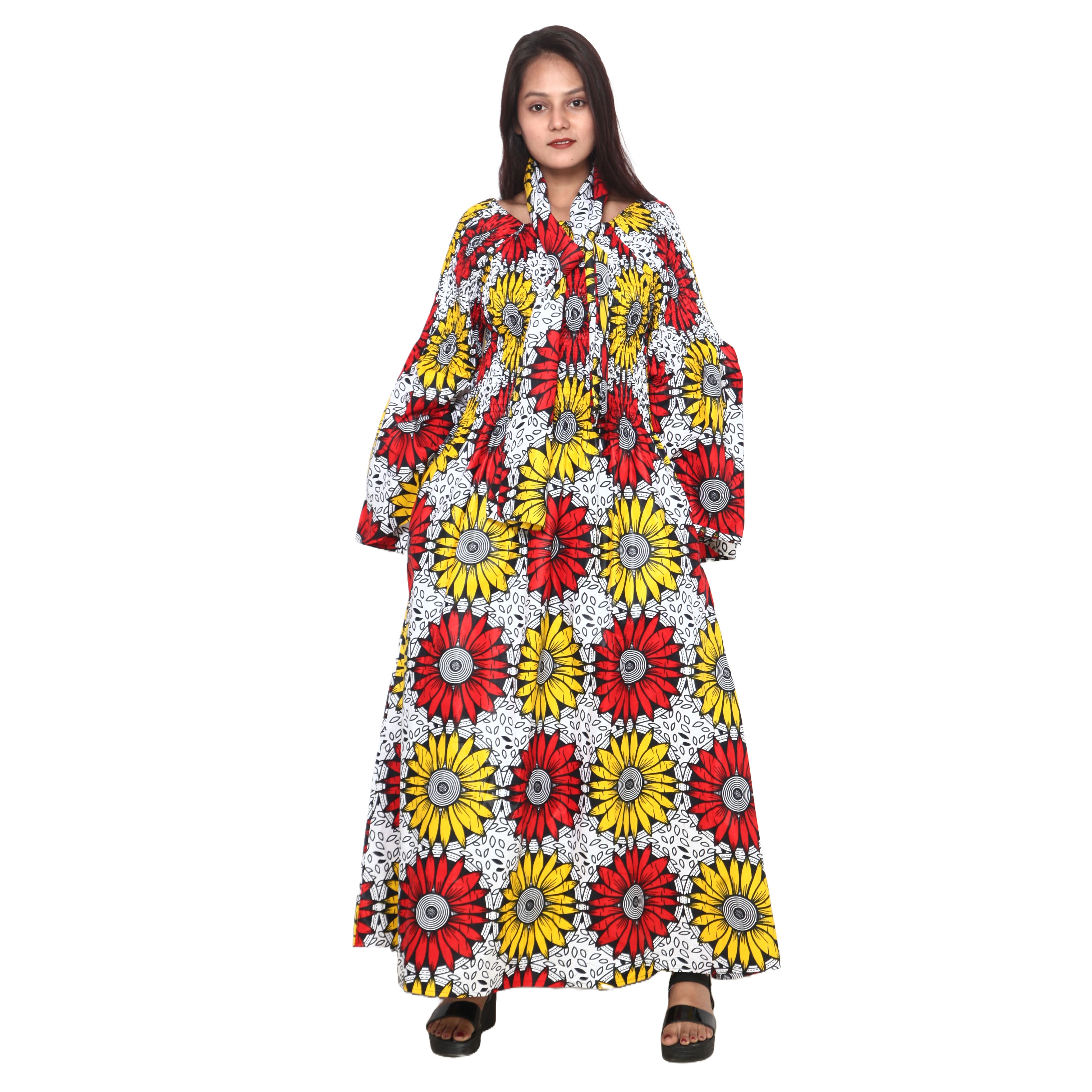 Women's Long Sleeve Smocking Maxi Dress with Bell Sleeves -- FI-50072