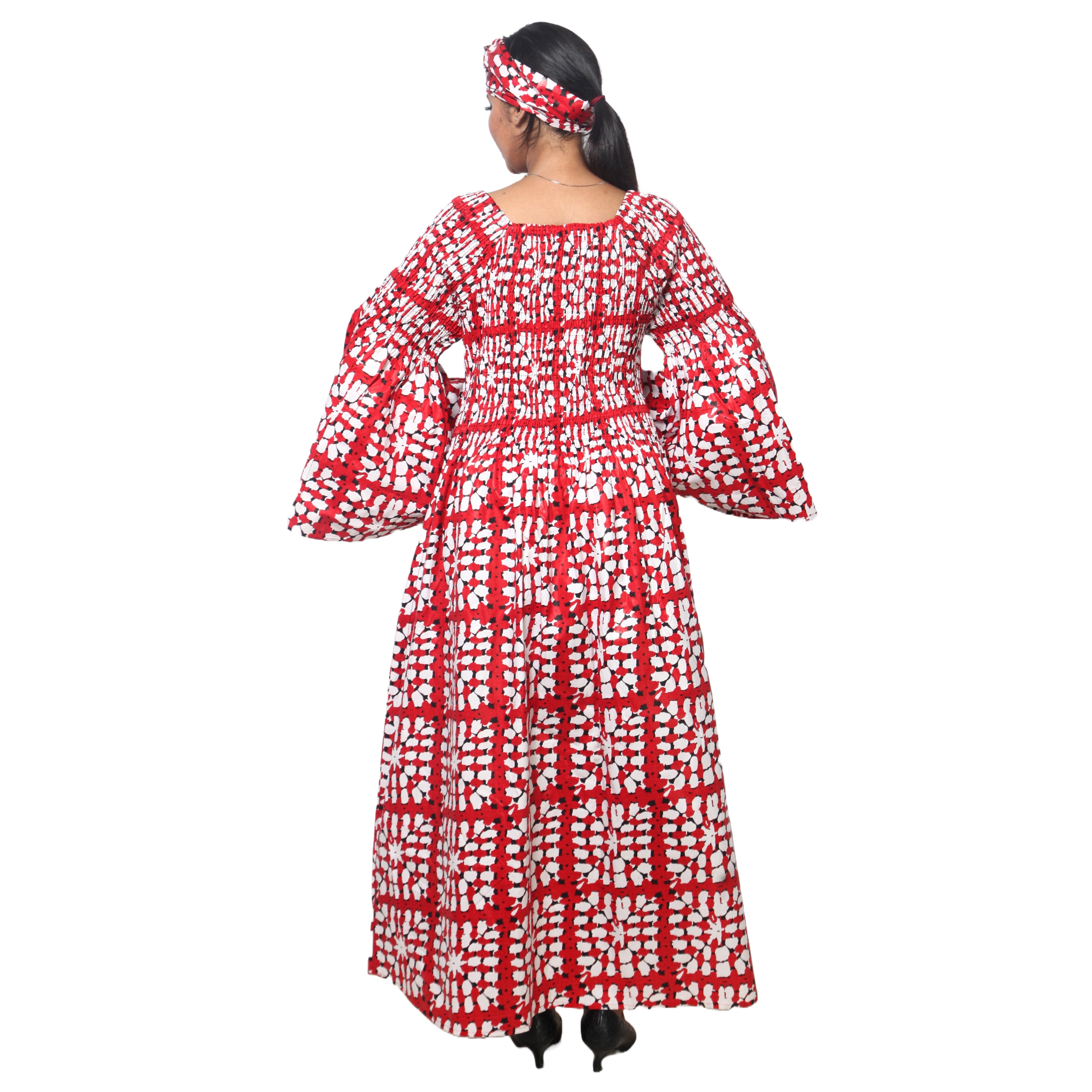 Women's PLUS SIZE Off Shoulder Smocking Bell Sleeve Maxi Dress -- FI-50081