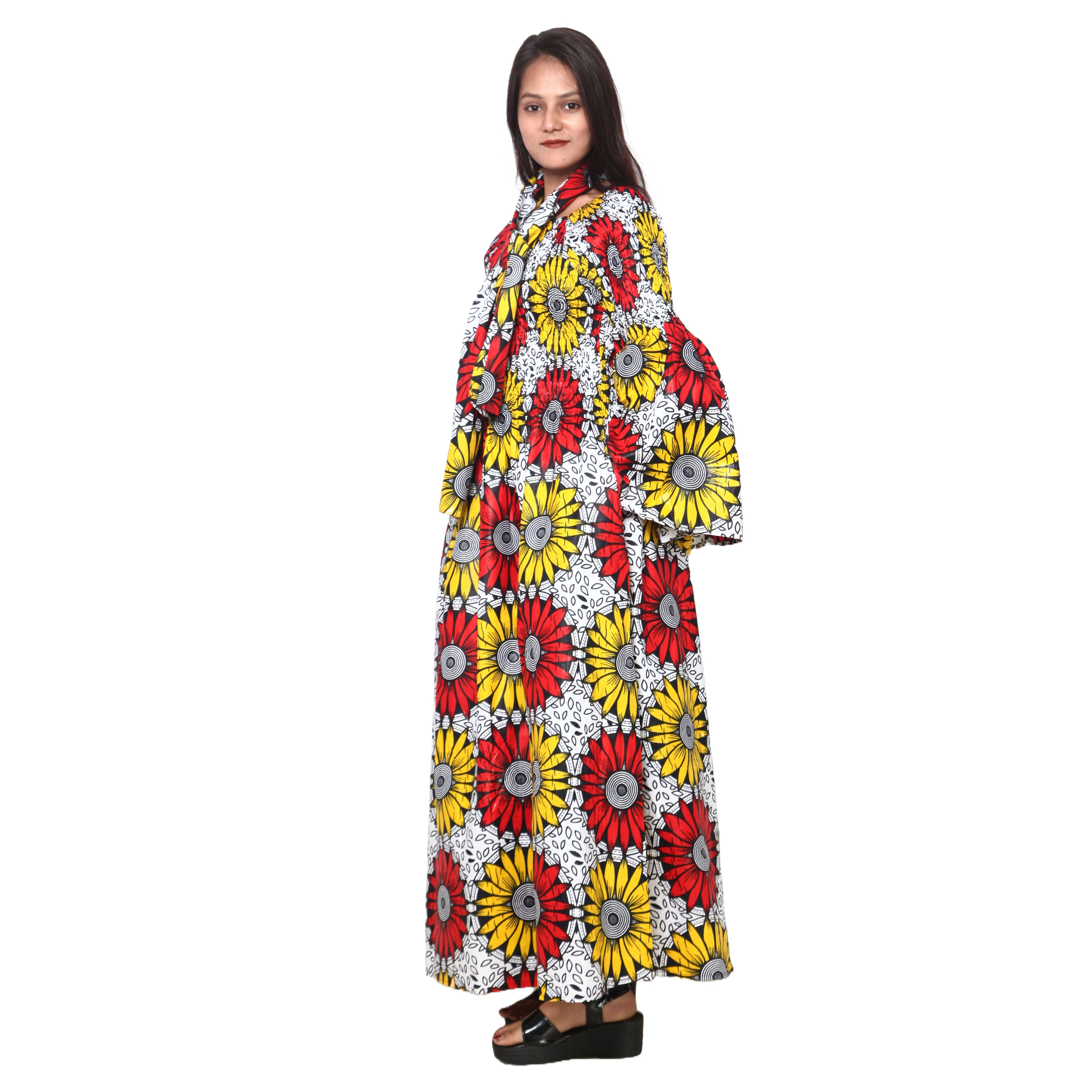 Women's Long Sleeve Smocking Maxi Dress with Bell Sleeves -- FI-50072