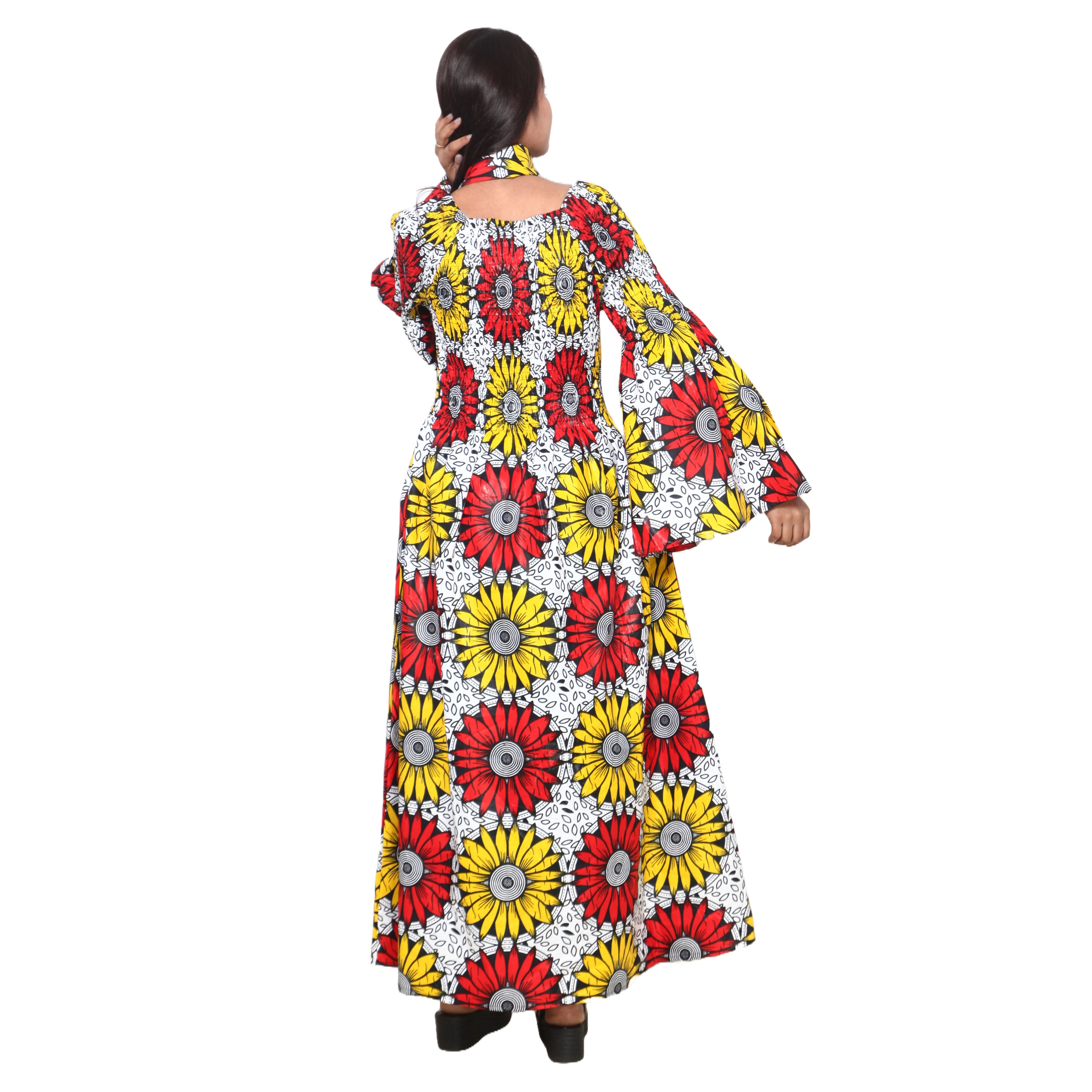 Women's Long Sleeve Smocking Maxi Dress with Bell Sleeves -- FI-50072