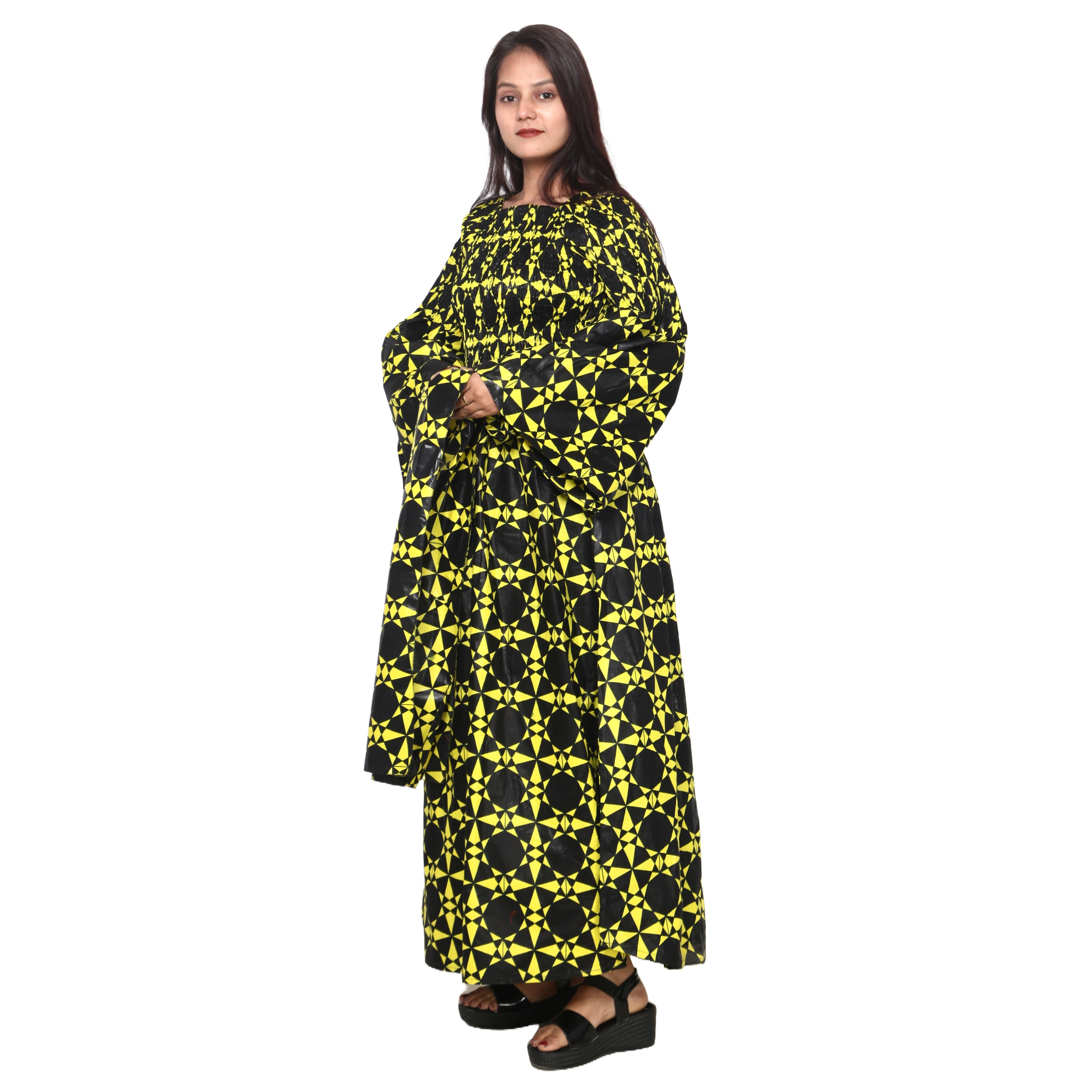 Women's Long Sleeve Smocking Maxi Dress with Bell Sleeves -- FI-50072