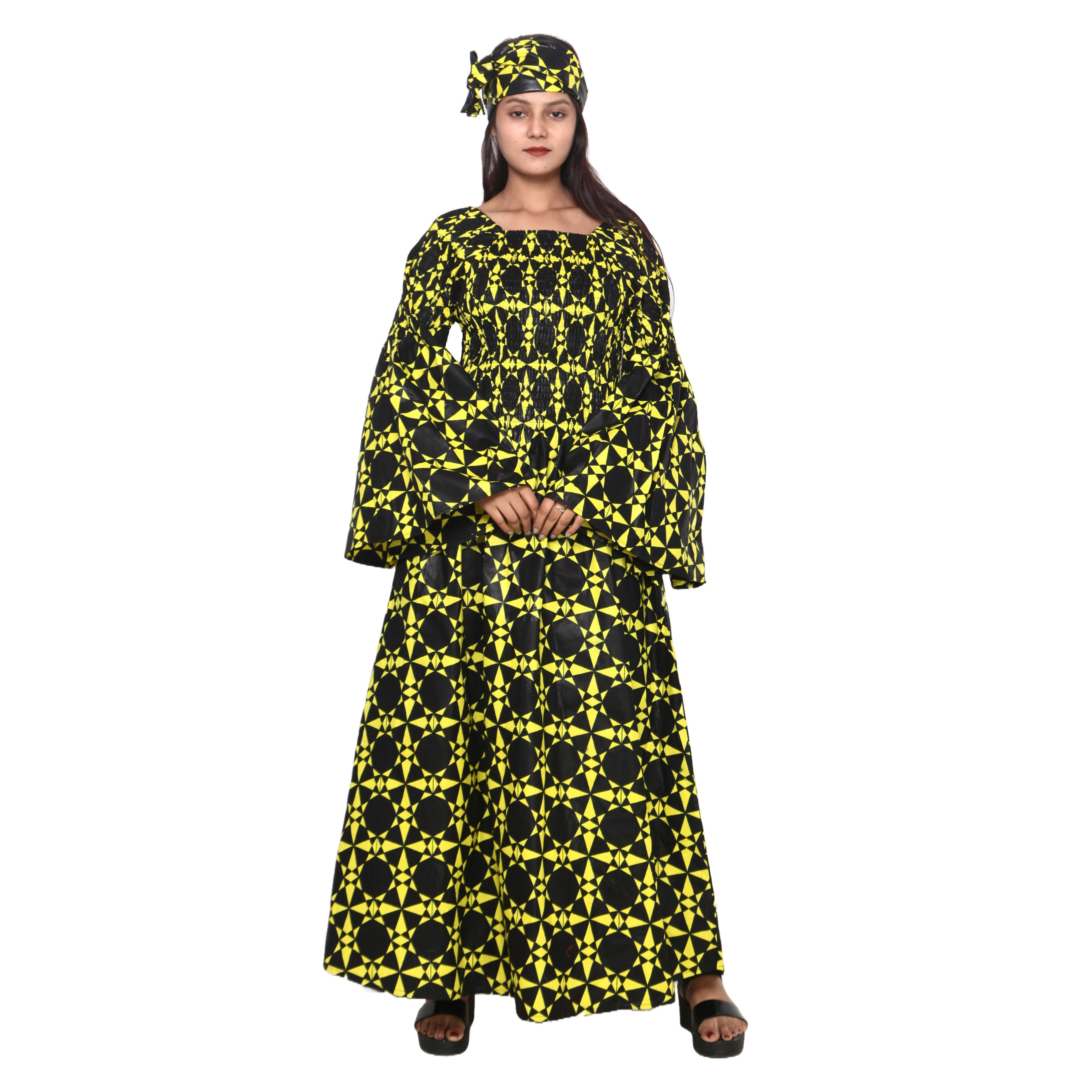 Women's Long Sleeve Smocking Maxi Dress with Bell Sleeves -- FI-50072
