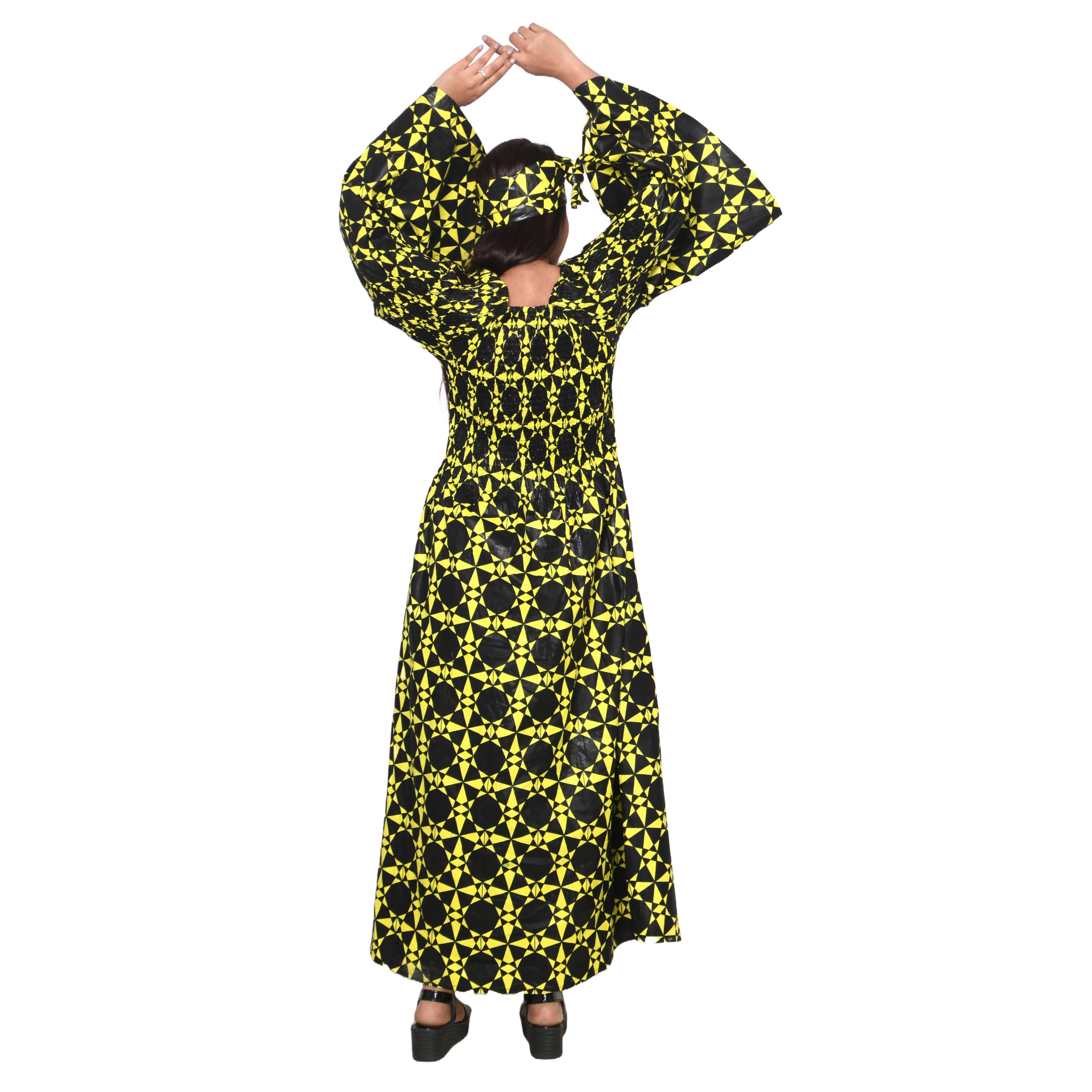 Women's Long Sleeve Smocking Maxi Dress with Bell Sleeves -- FI-50072
