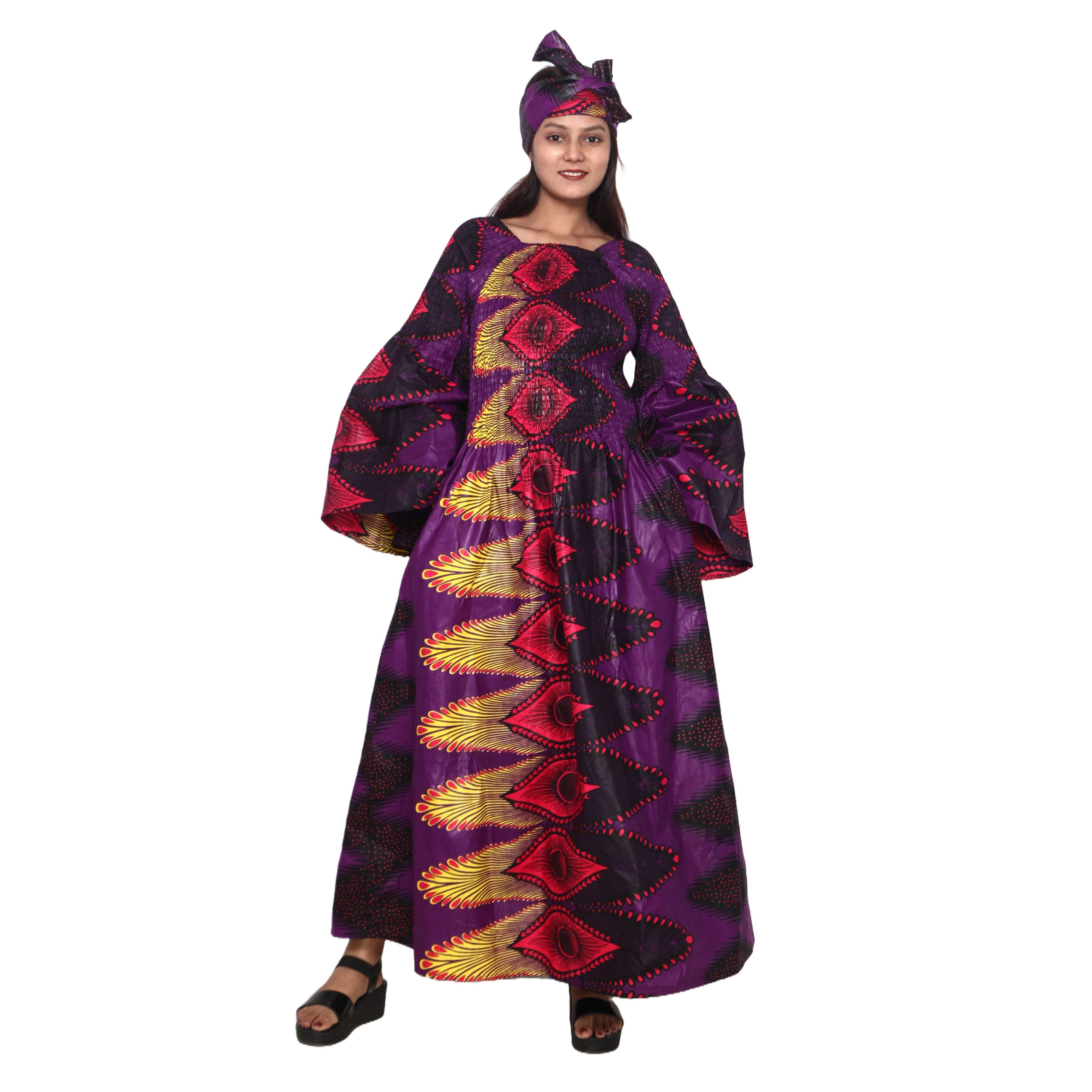Women's Long Sleeve Smocking Maxi Dress with Bell Sleeves -- FI-50072