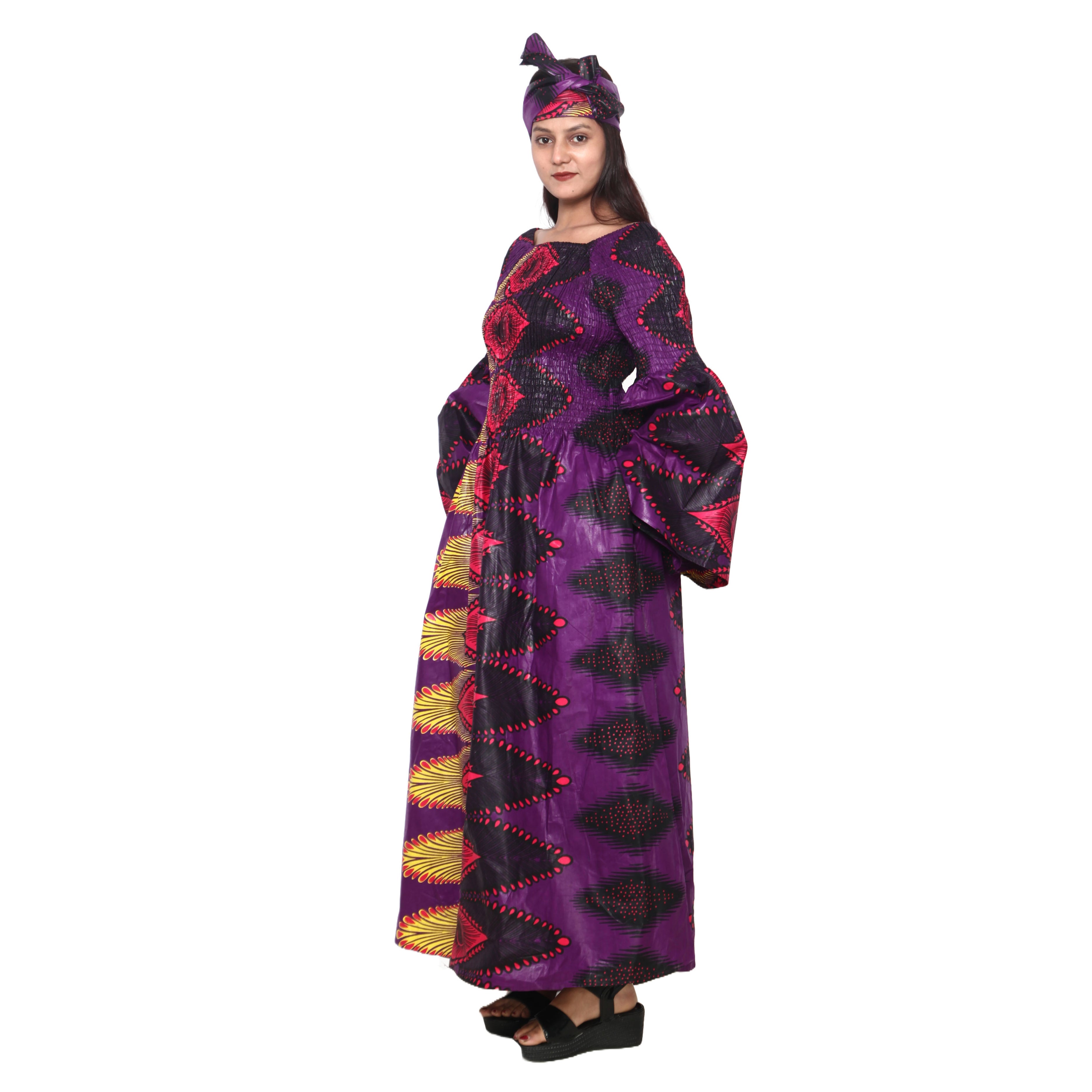 Women's Long Sleeve Smocking Maxi Dress with Bell Sleeves -- FI-50072