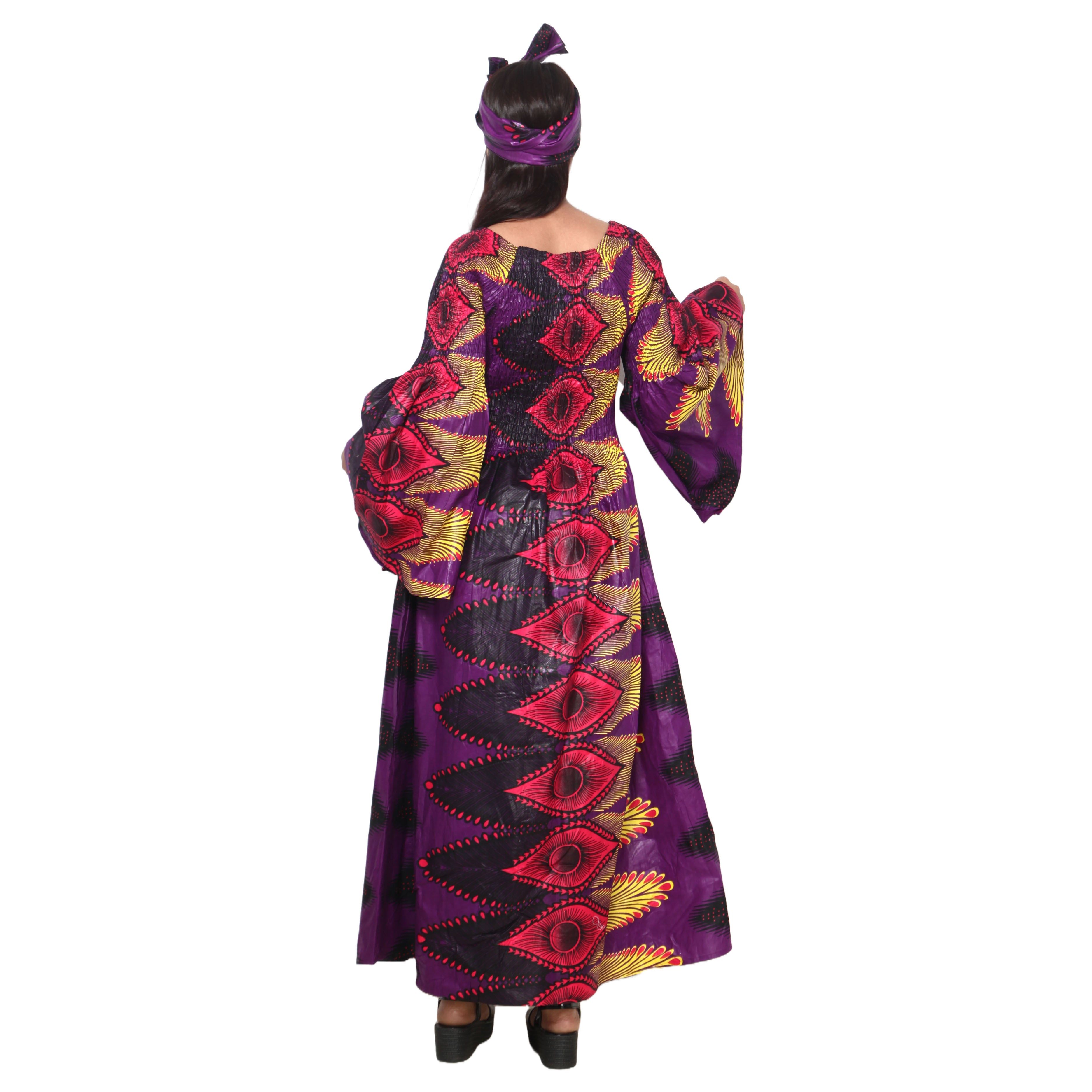 Women's Long Sleeve Smocking Maxi Dress with Bell Sleeves -- FI-50072