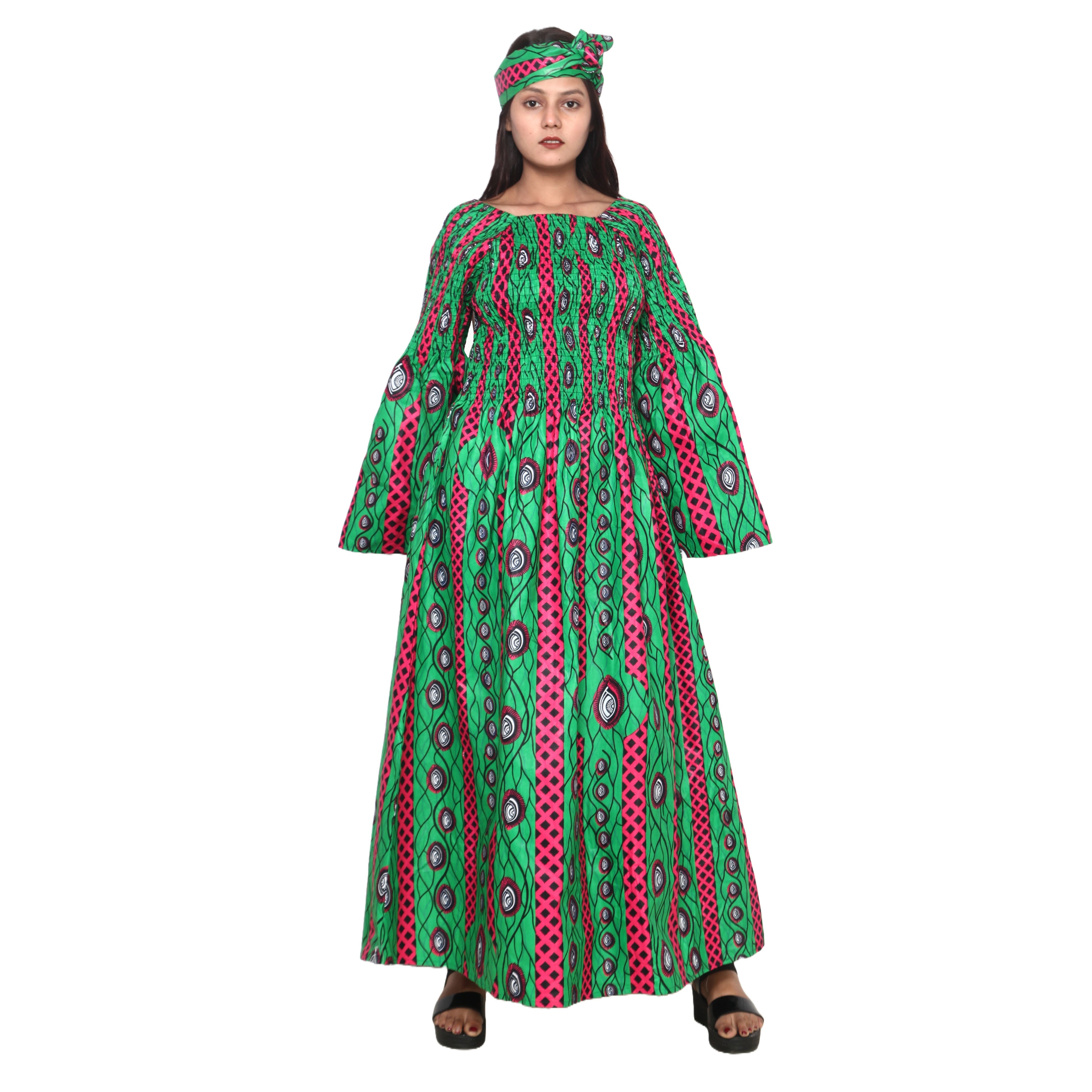 Women's Long Sleeve Smocking Maxi Dress with Bell Sleeves -- FI-50072