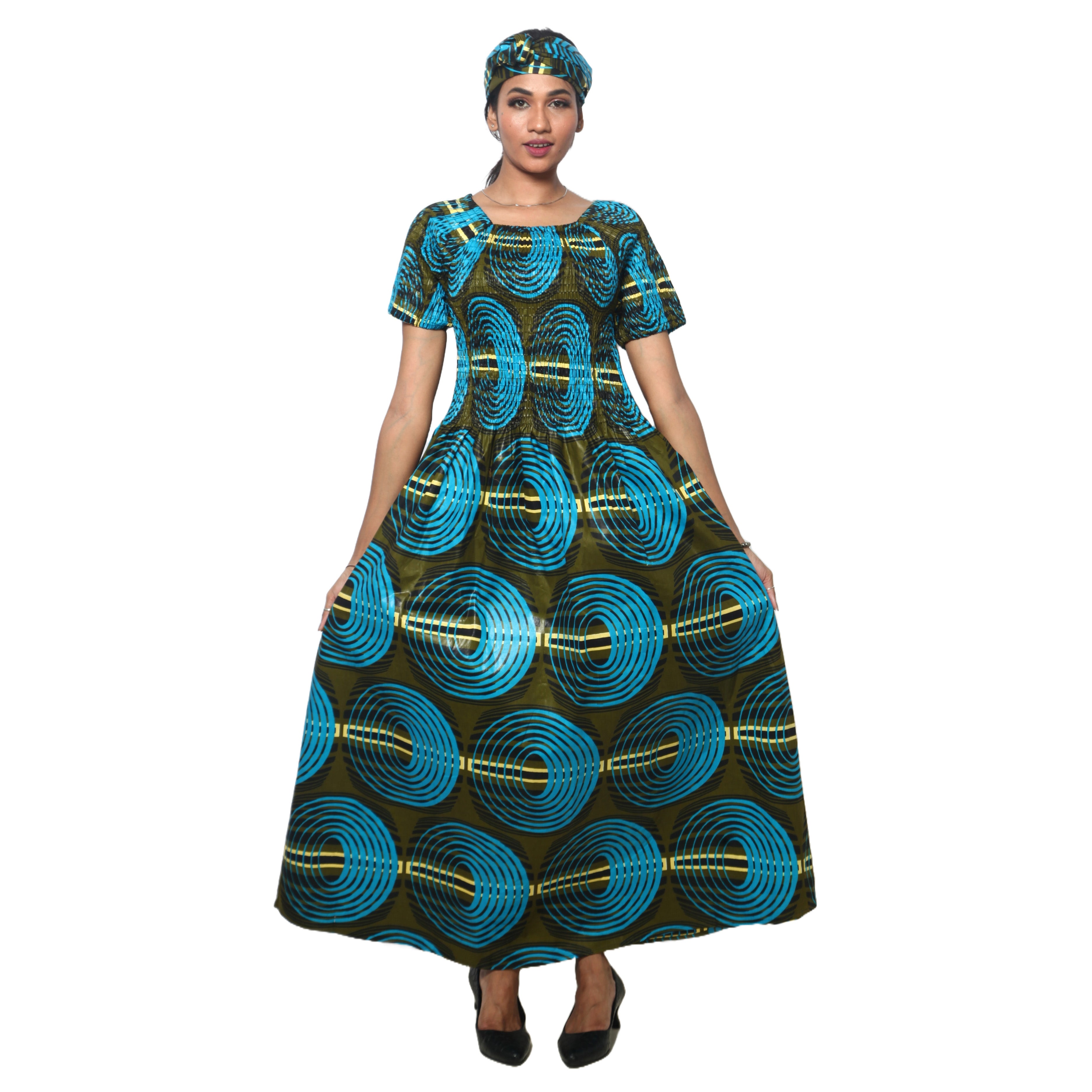 Women's Printed Smocking Short Sleeve Maxi Dress - FI-50071