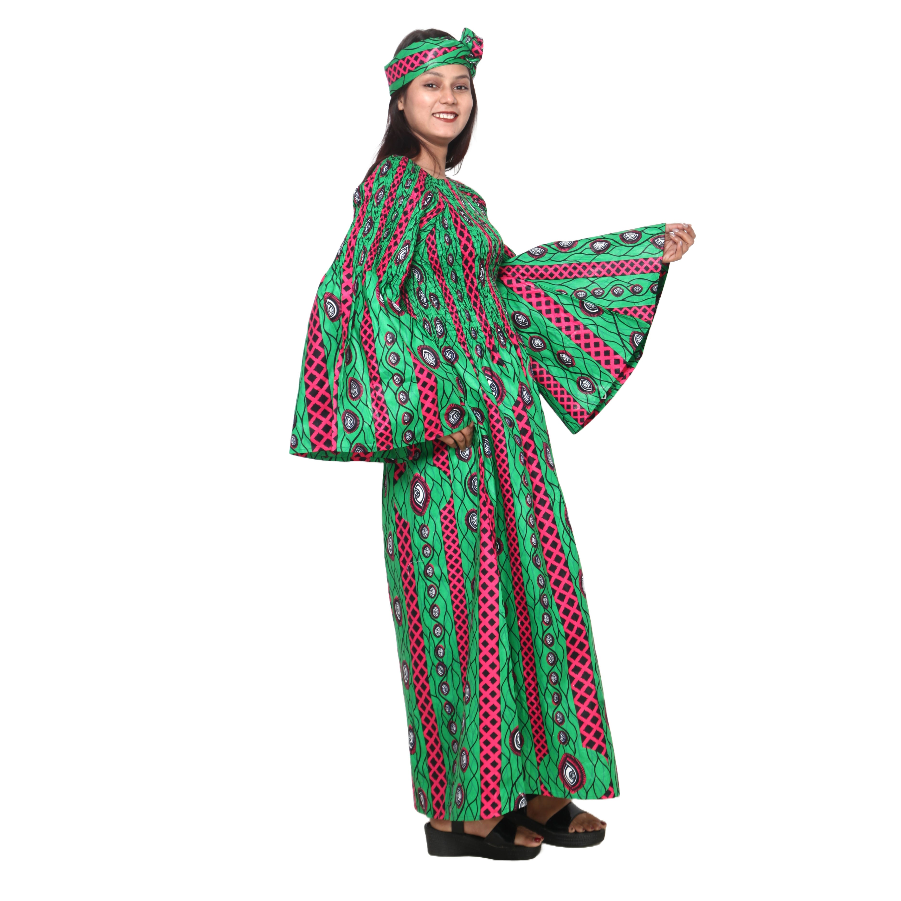 Women's Long Sleeve Smocking Maxi Dress with Bell Sleeves -- FI-50072