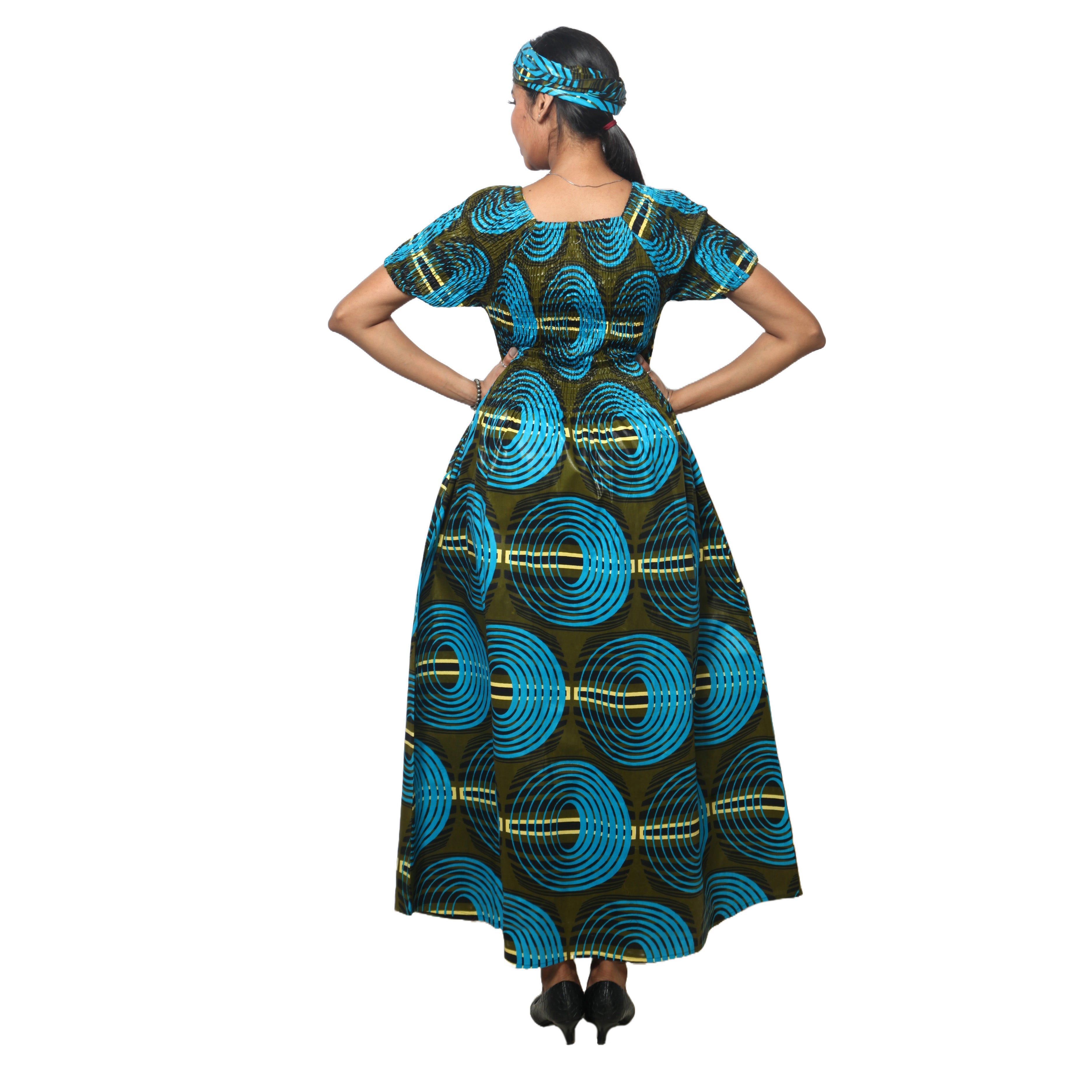 Women's Printed Smocking Short Sleeve Maxi Dress - FI-50071