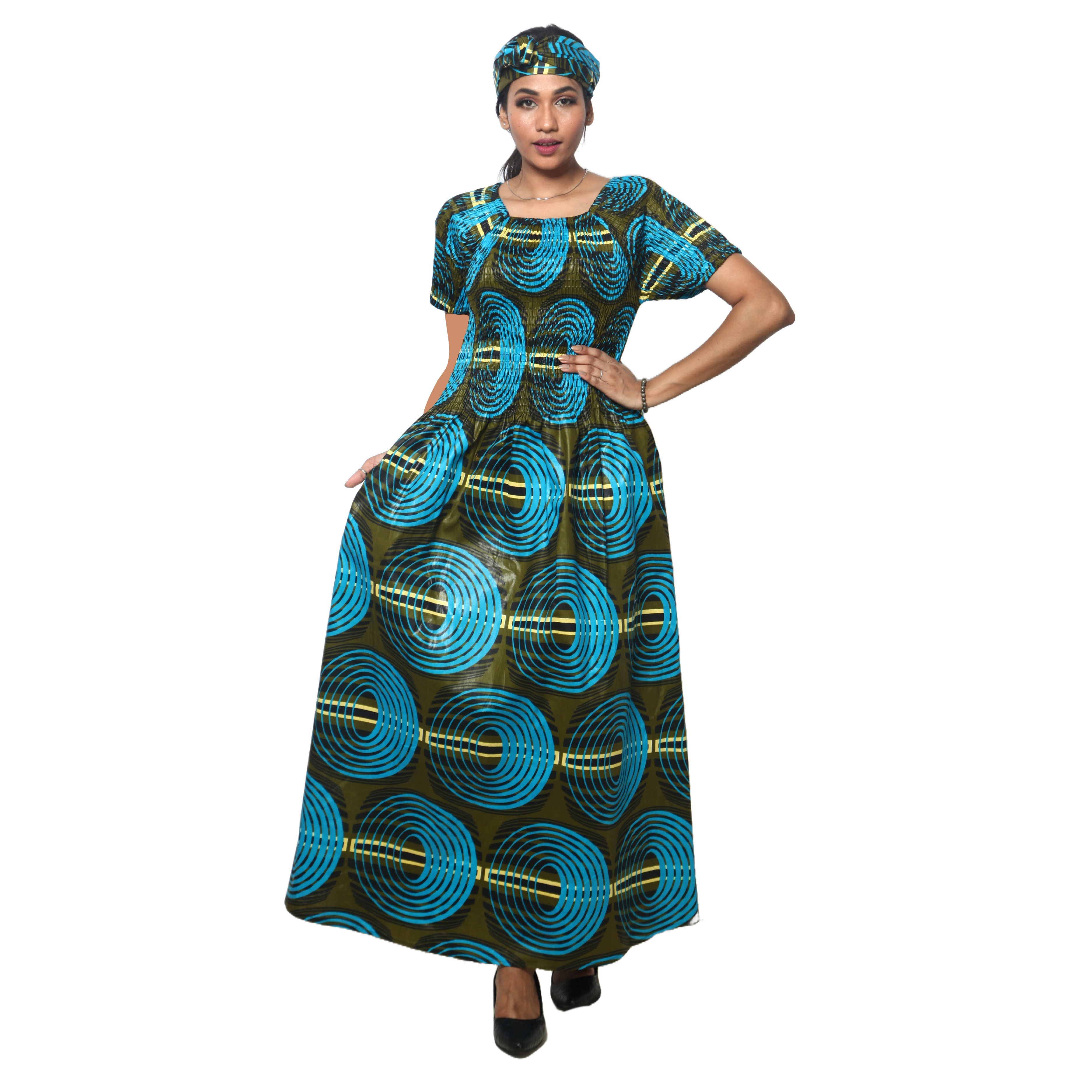 Women's Printed Smocking Short Sleeve Maxi Dress - FI-50071