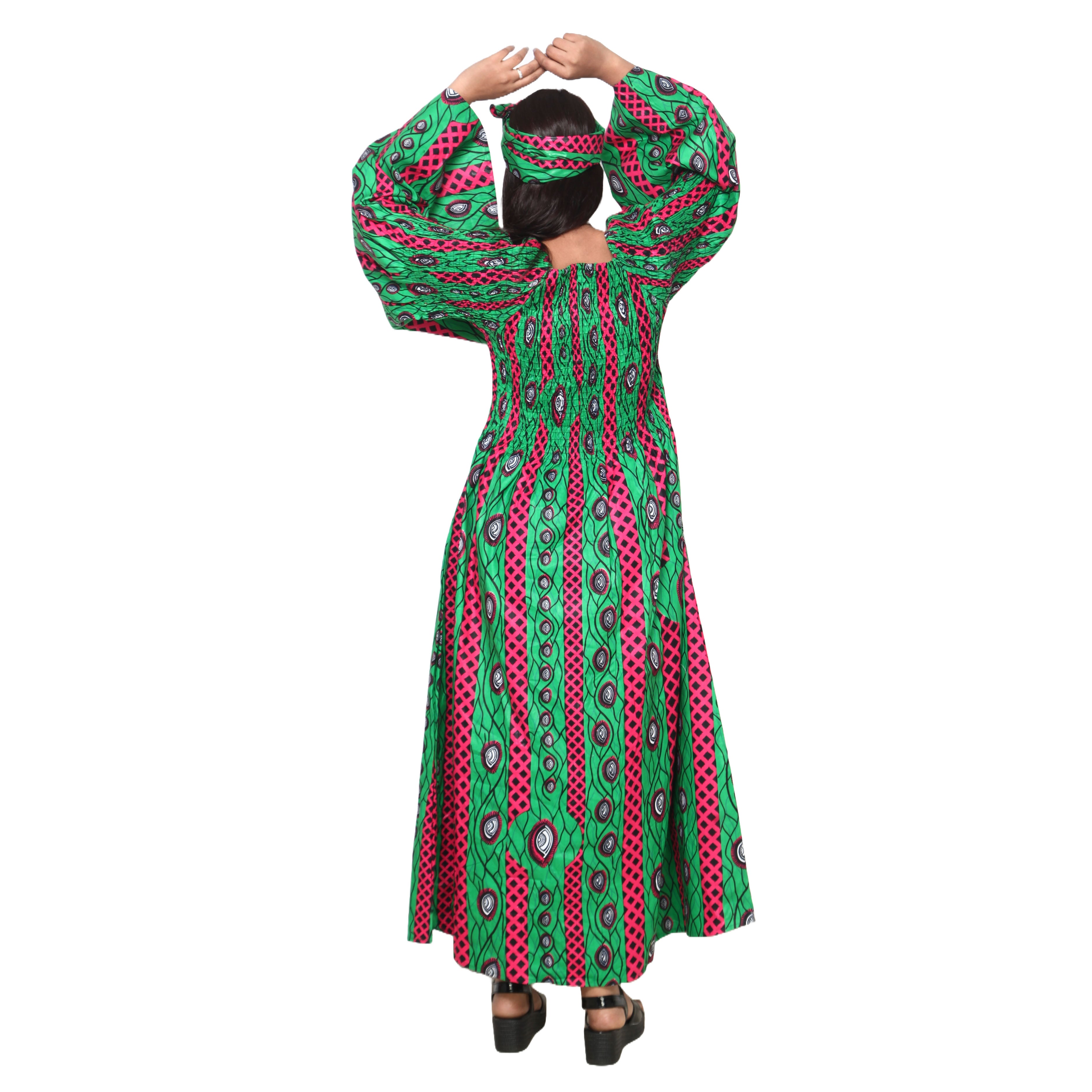 Women's Long Sleeve Smocking Maxi Dress with Bell Sleeves -- FI-50072