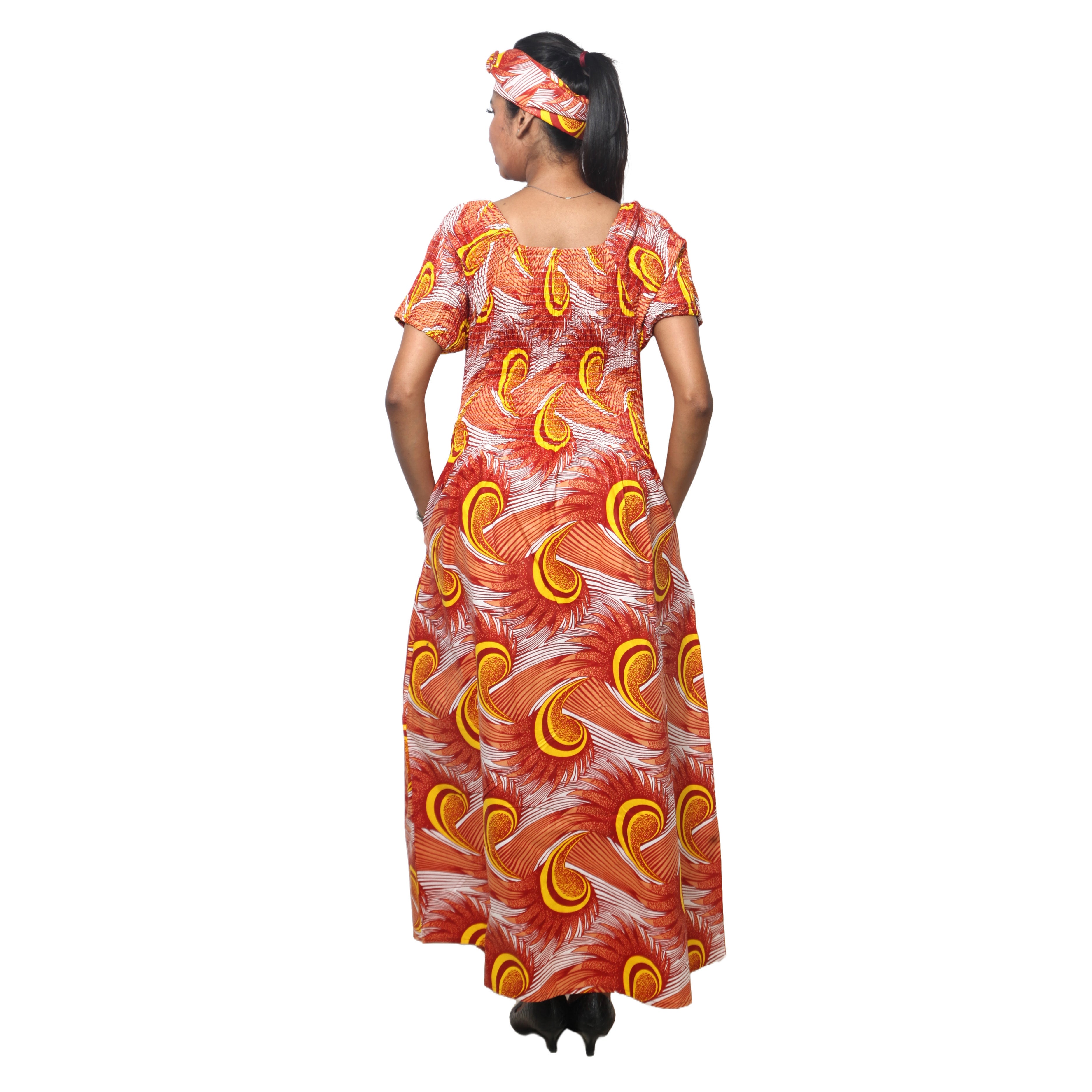 Women's Printed Smocking Short Sleeve Maxi Dress - FI-50071