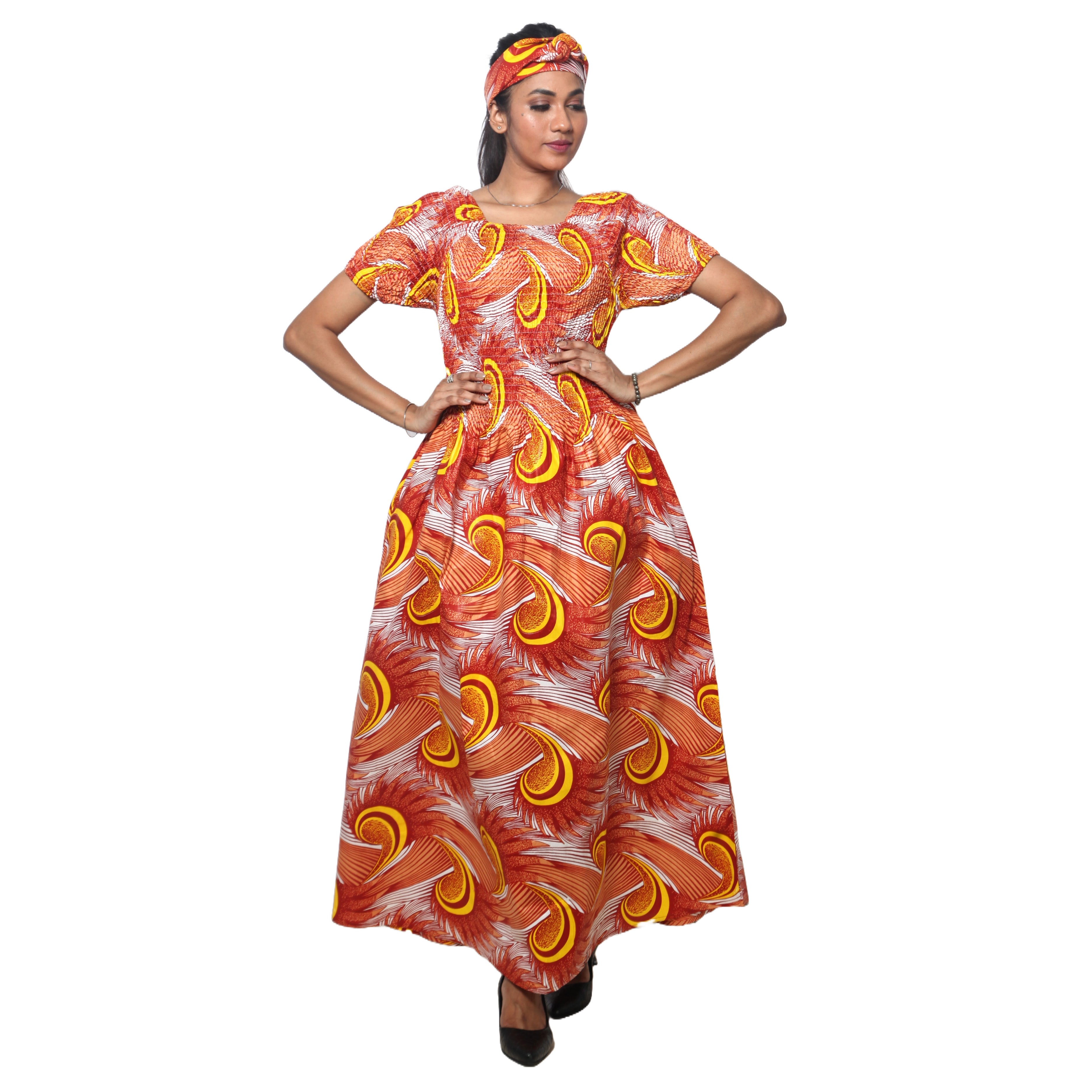Women's Printed Smocking Short Sleeve Maxi Dress - FI-50071