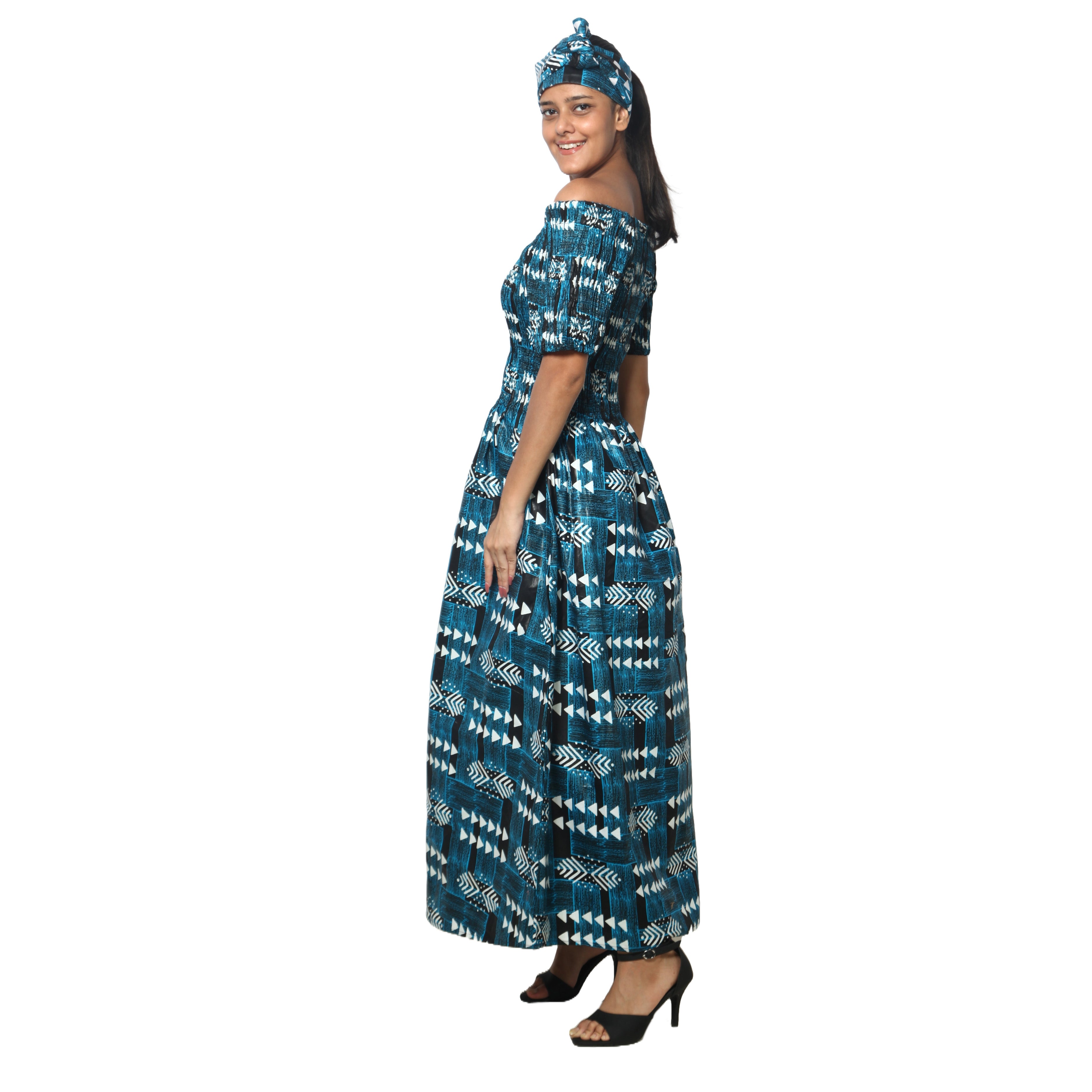 Women's Printed Smocking Short Sleeve Maxi Dress - FI-50071