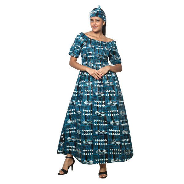 Women's Printed Smocking Short Sleeve Maxi Dress - FI-50071