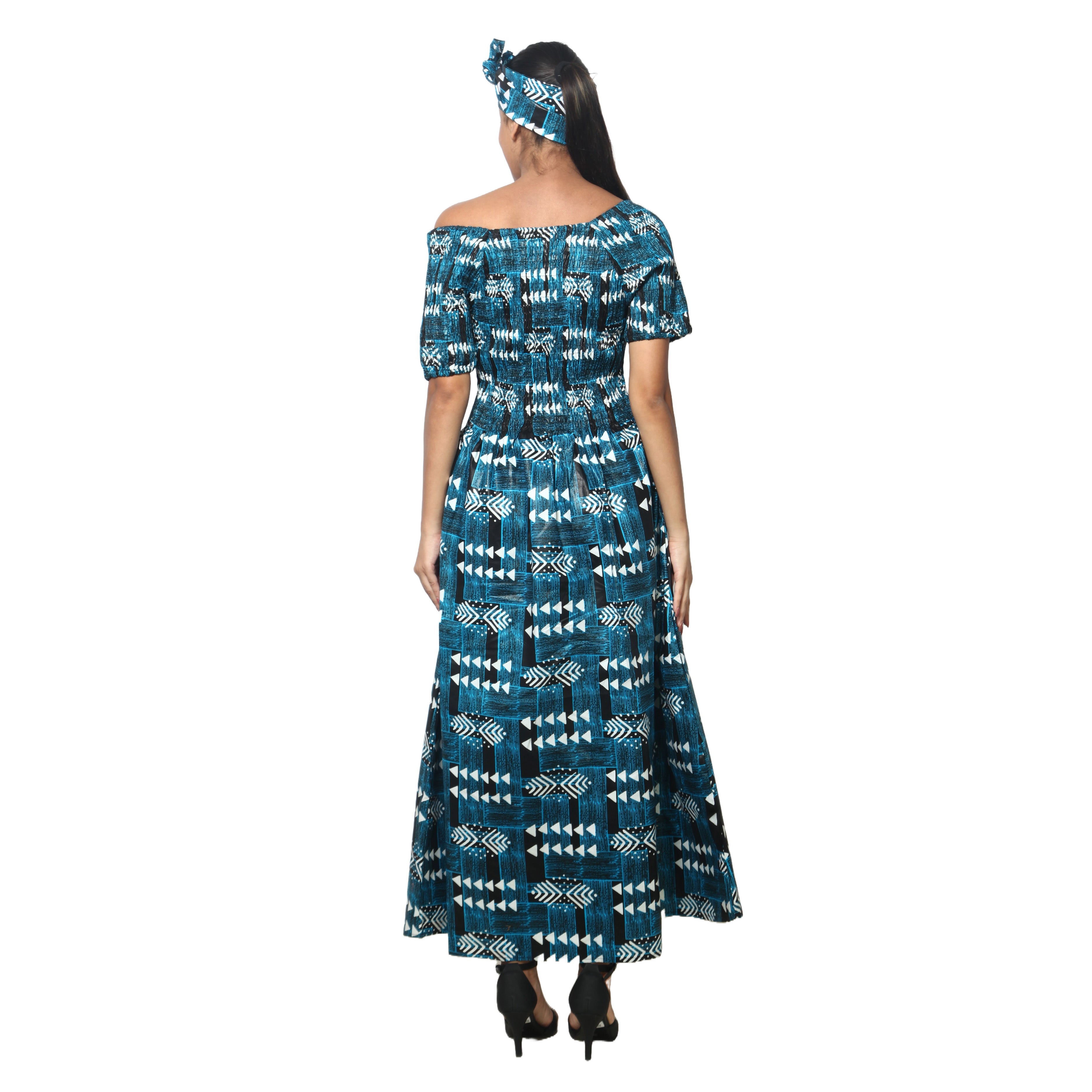 Women's Printed Smocking Short Sleeve Maxi Dress - FI-50071
