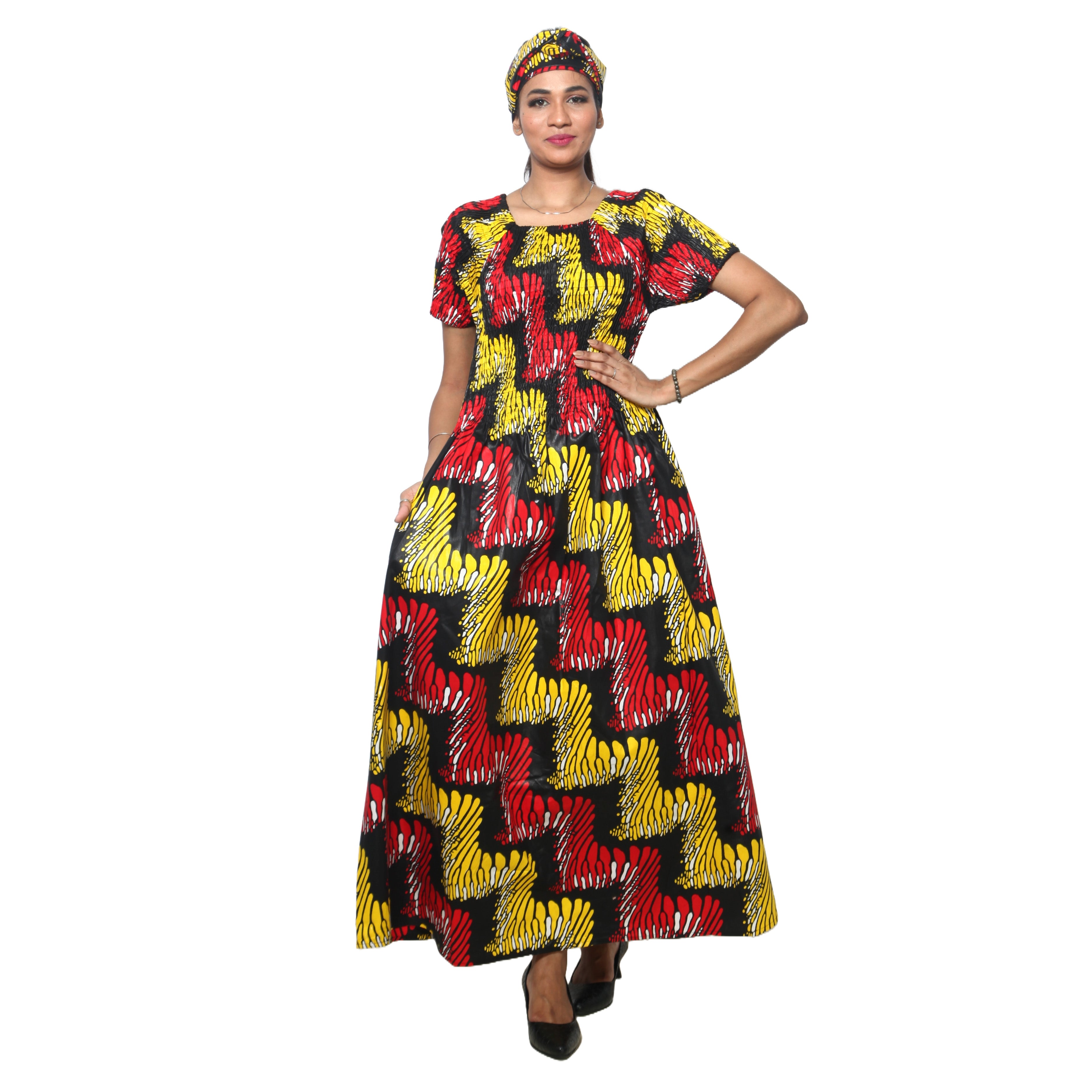 Women's Printed Smocking Short Sleeve Maxi Dress - FI-50071