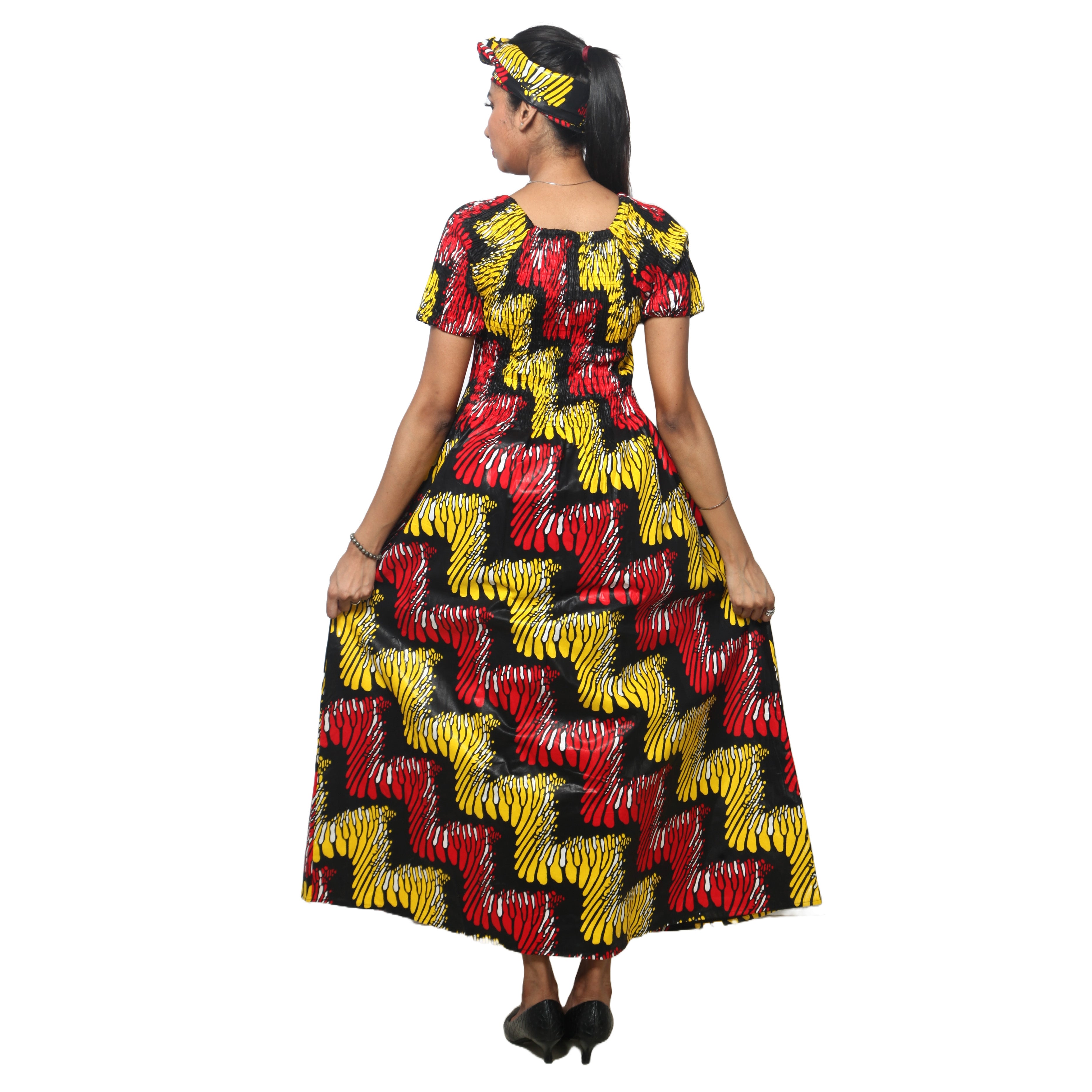 Women's Printed Smocking Short Sleeve Maxi Dress - FI-50071