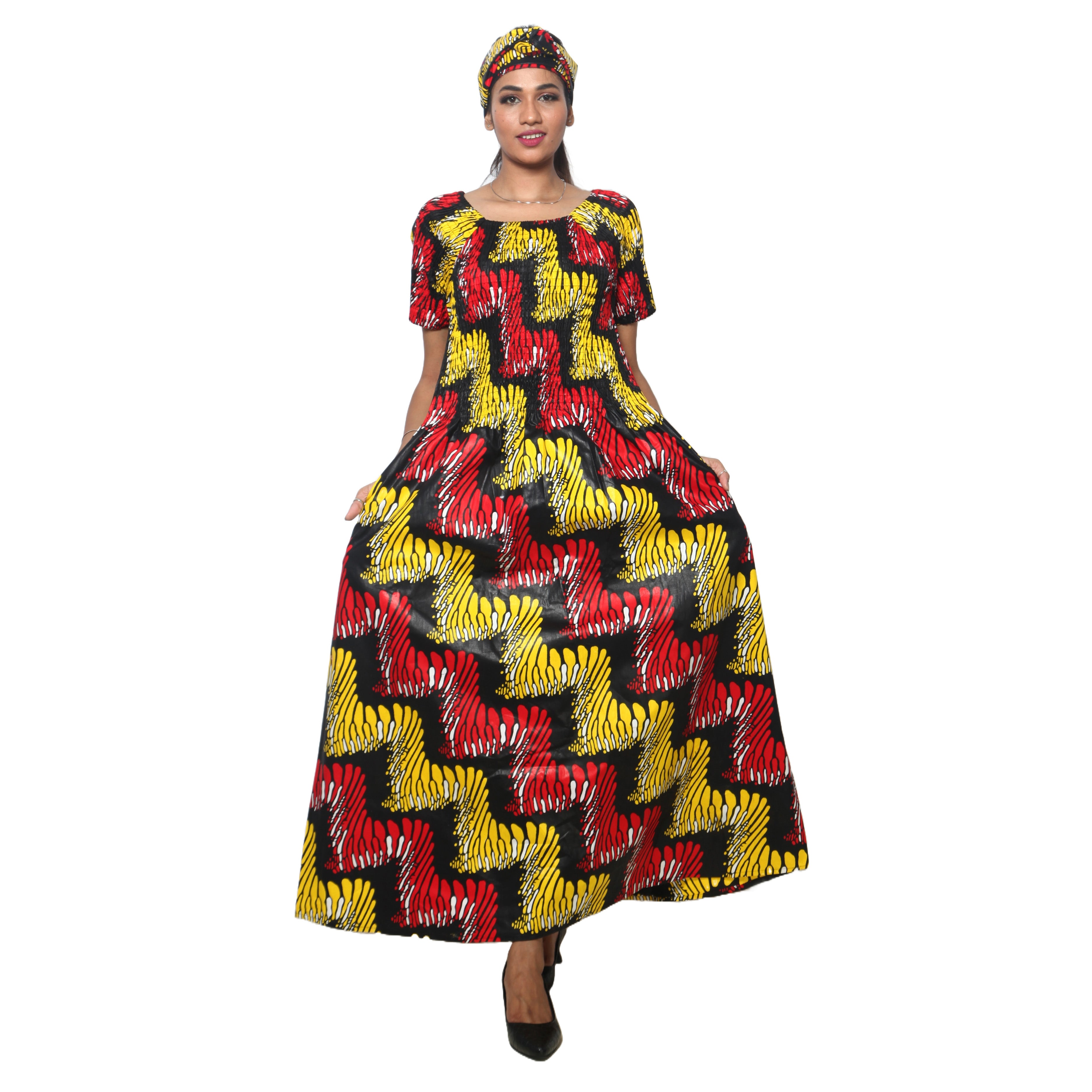 Women's Printed Smocking Short Sleeve Maxi Dress - FI-50071