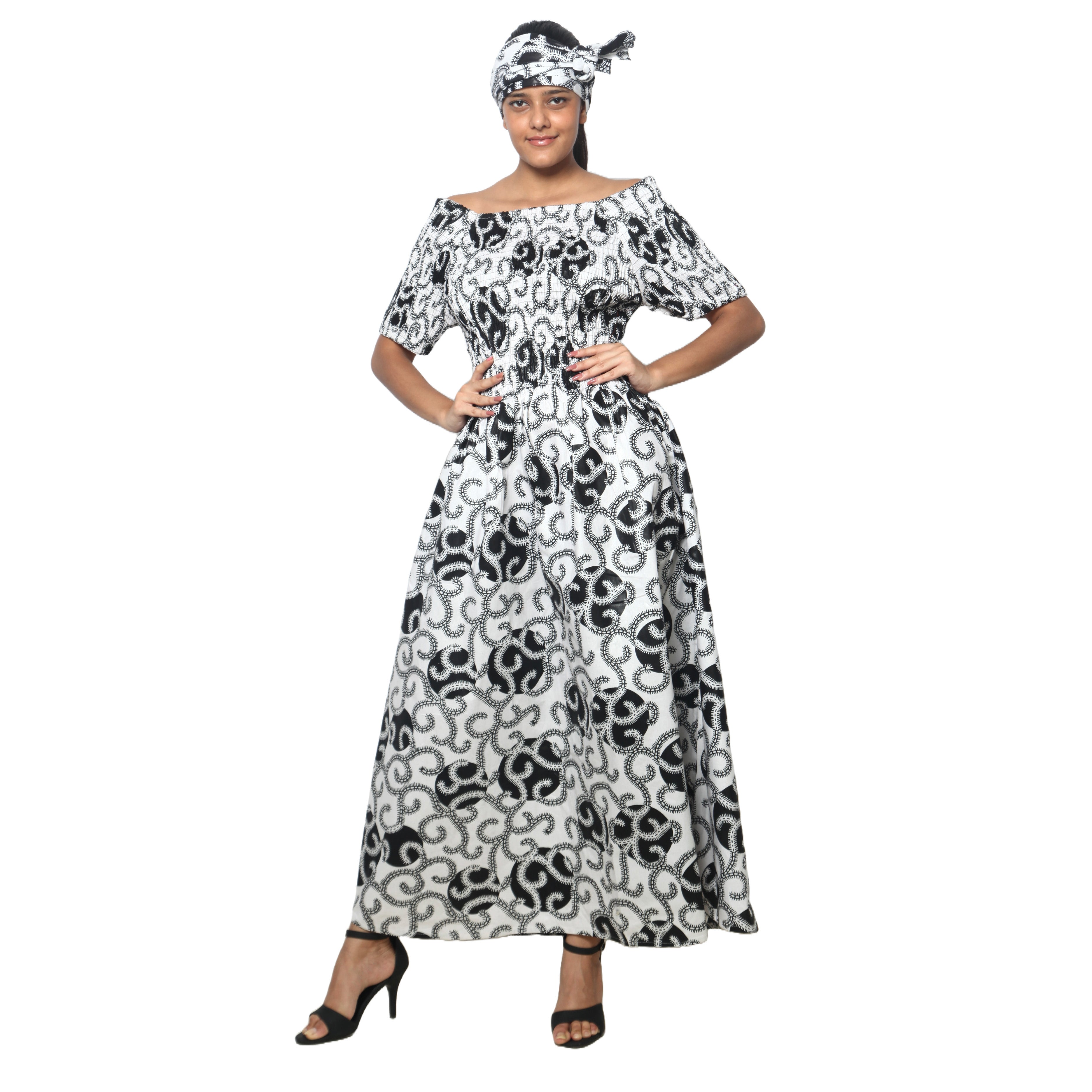 Women's Printed Smocking Short Sleeve Maxi Dress - FI-50071