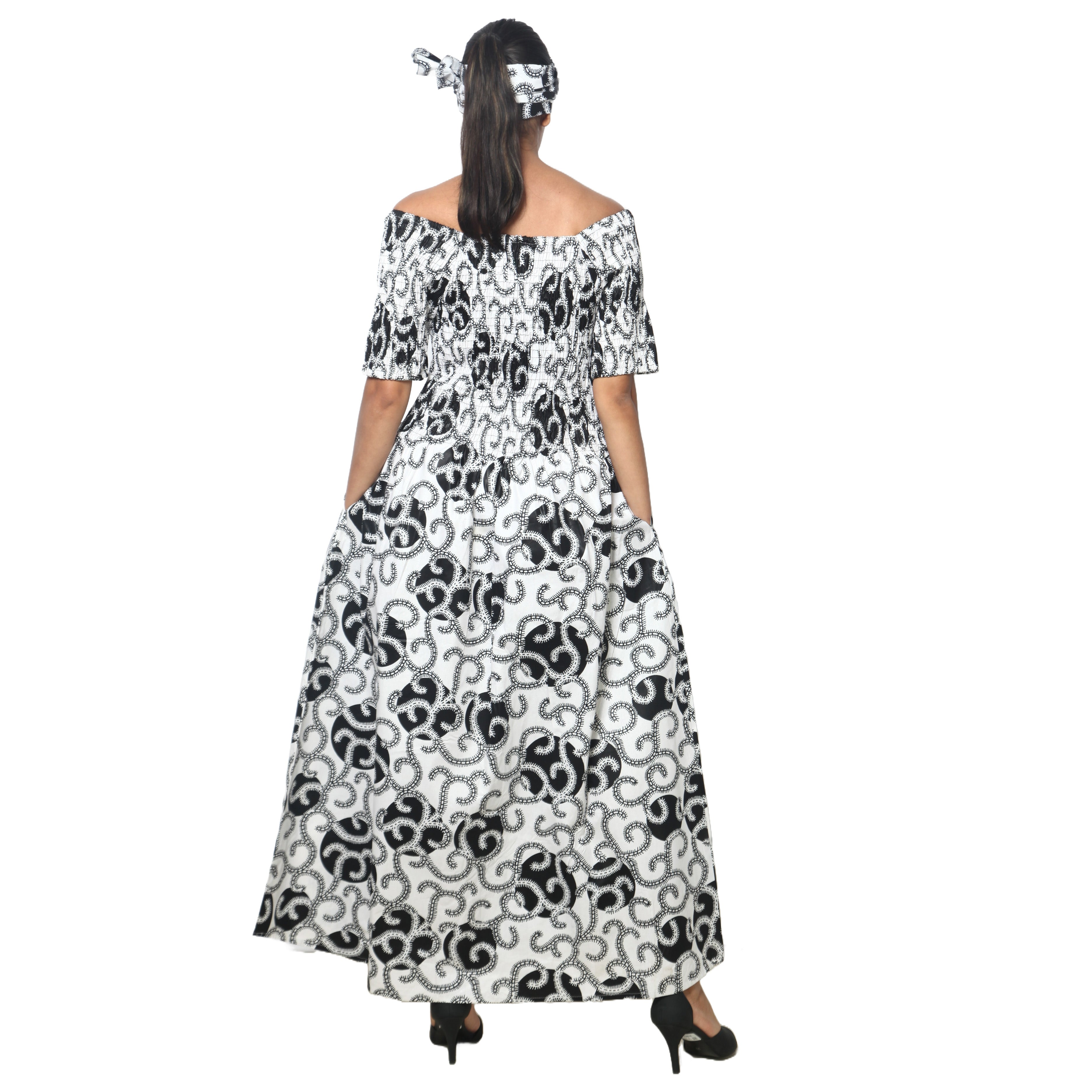 Women's Printed Smocking Short Sleeve Maxi Dress - FI-50071