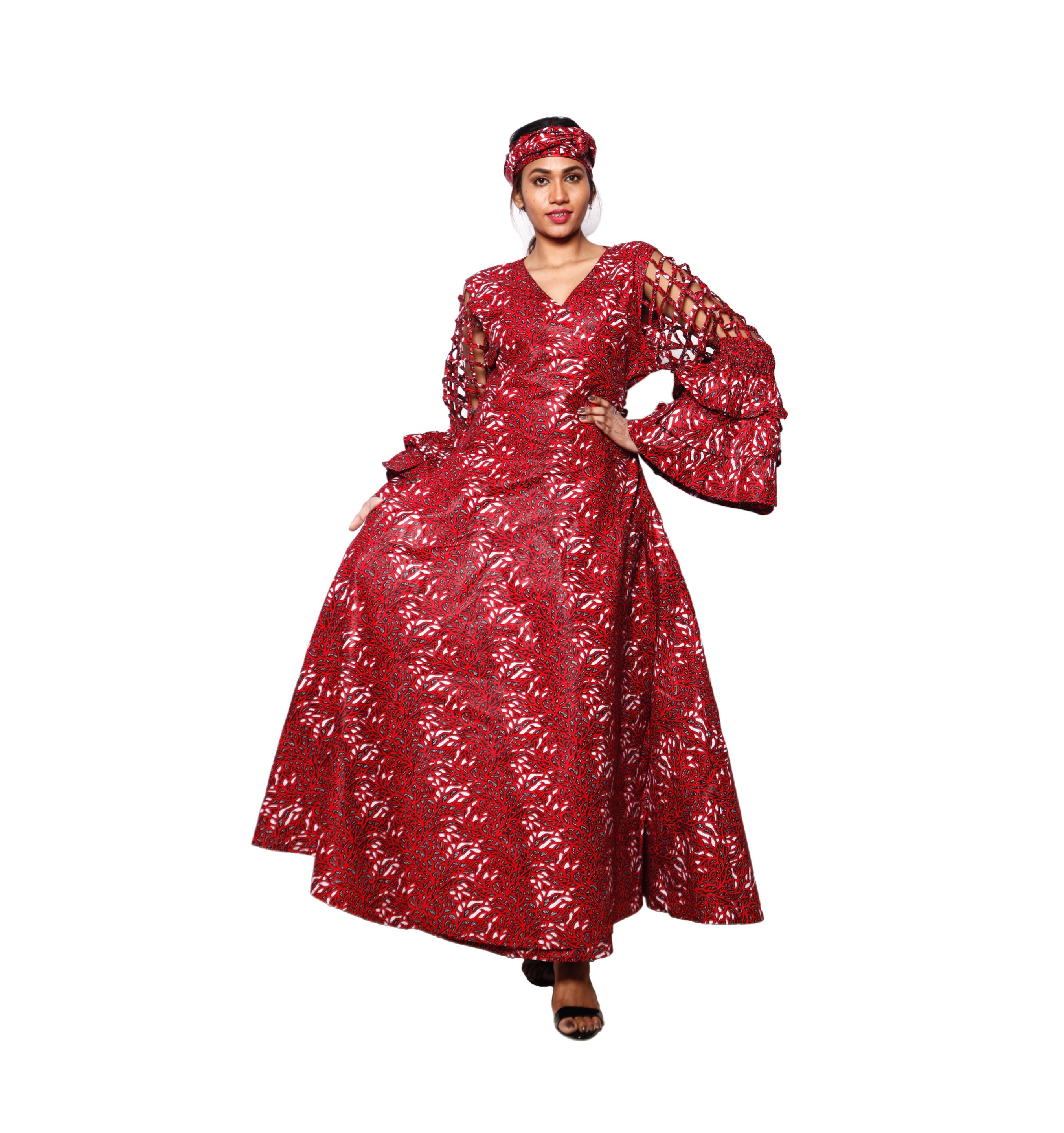 Women's Cage Sleeve Maxi Wrap Dress red and white